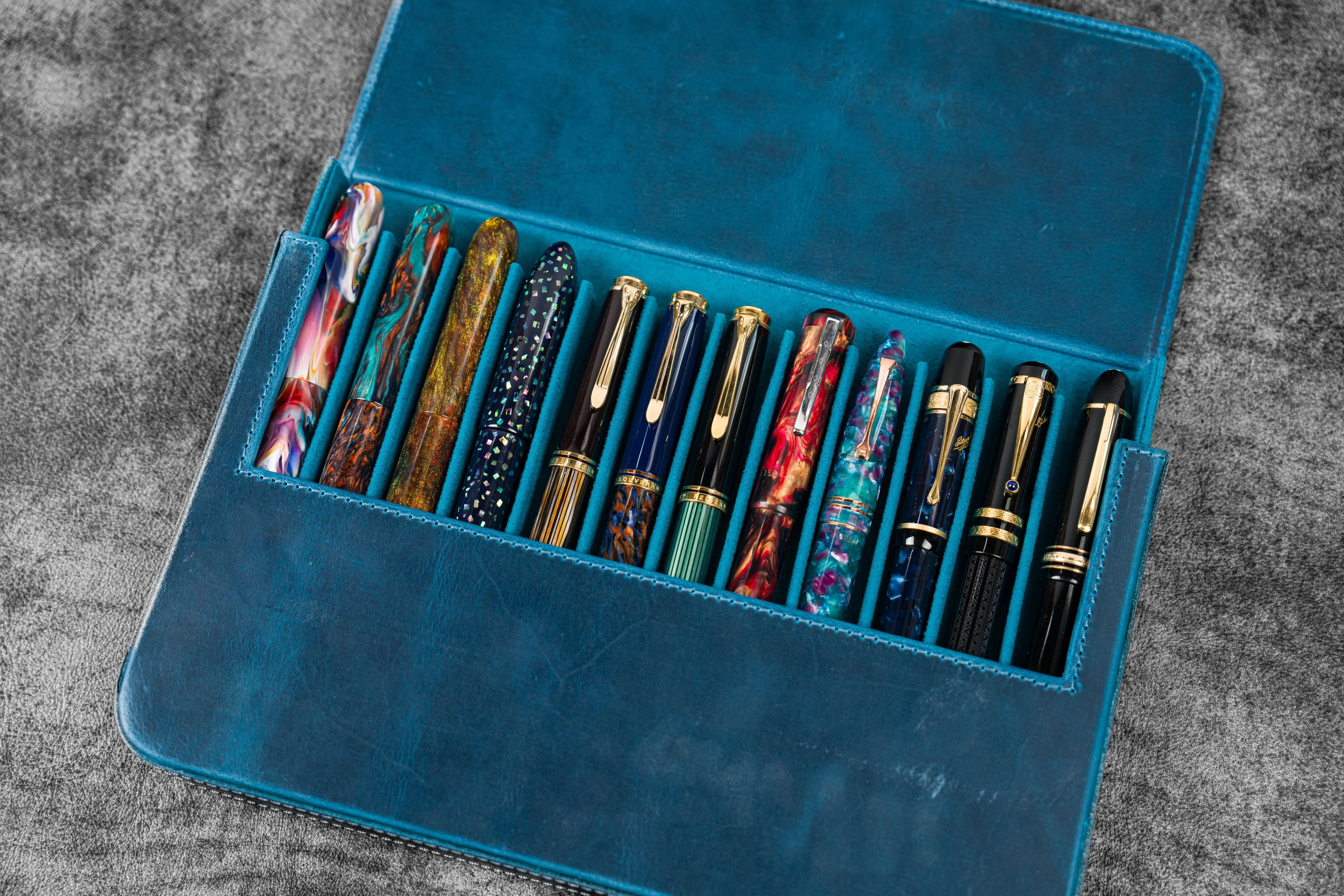 Leather Magnum Opus 12 Slots Hard Pen Case with Removable Pen Tray - C.H. Ocean Blue