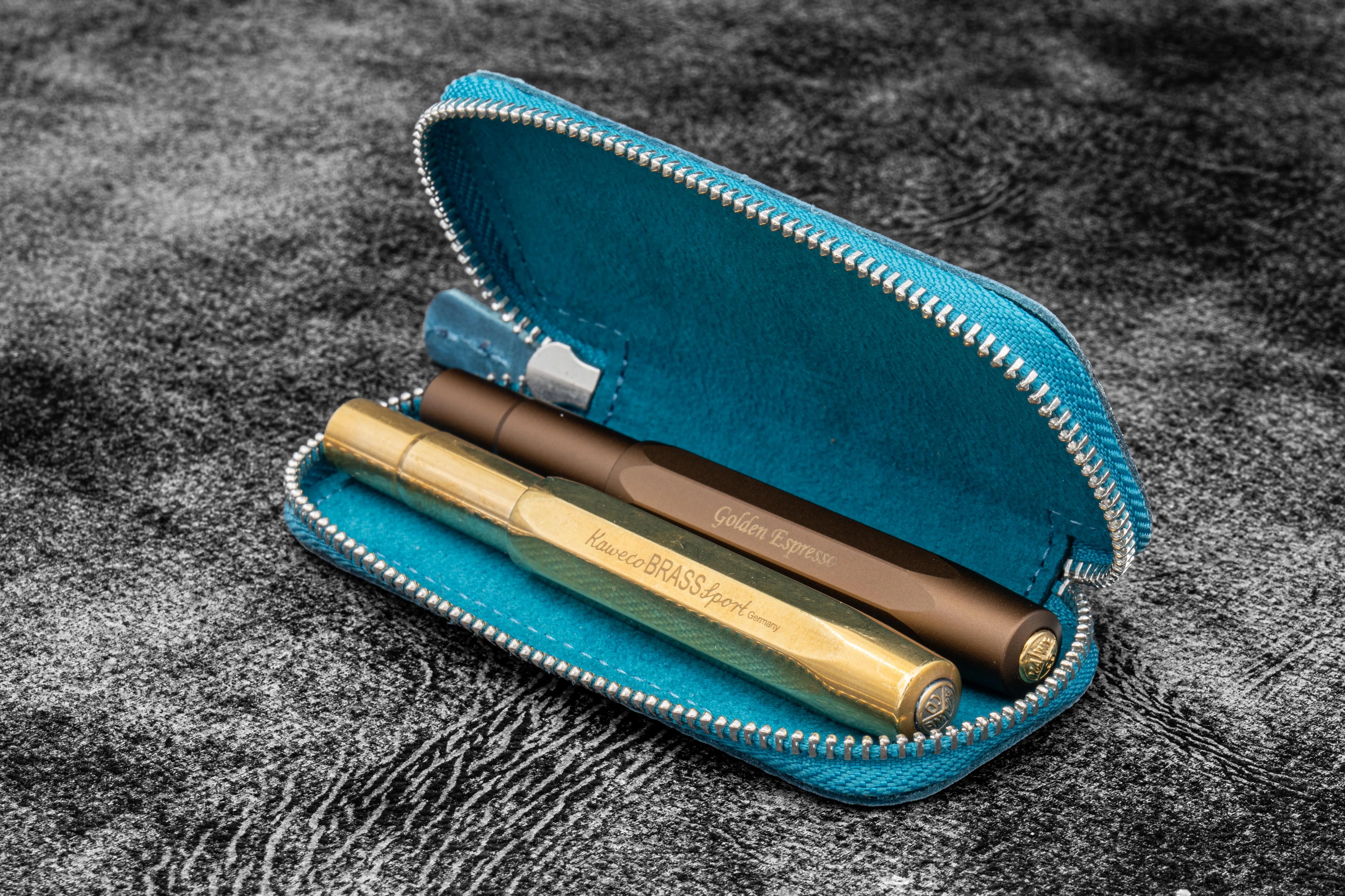 Leather Zippered Double Pen Case for Kaweco - Pocket Pen - C. H. Ocean Blue