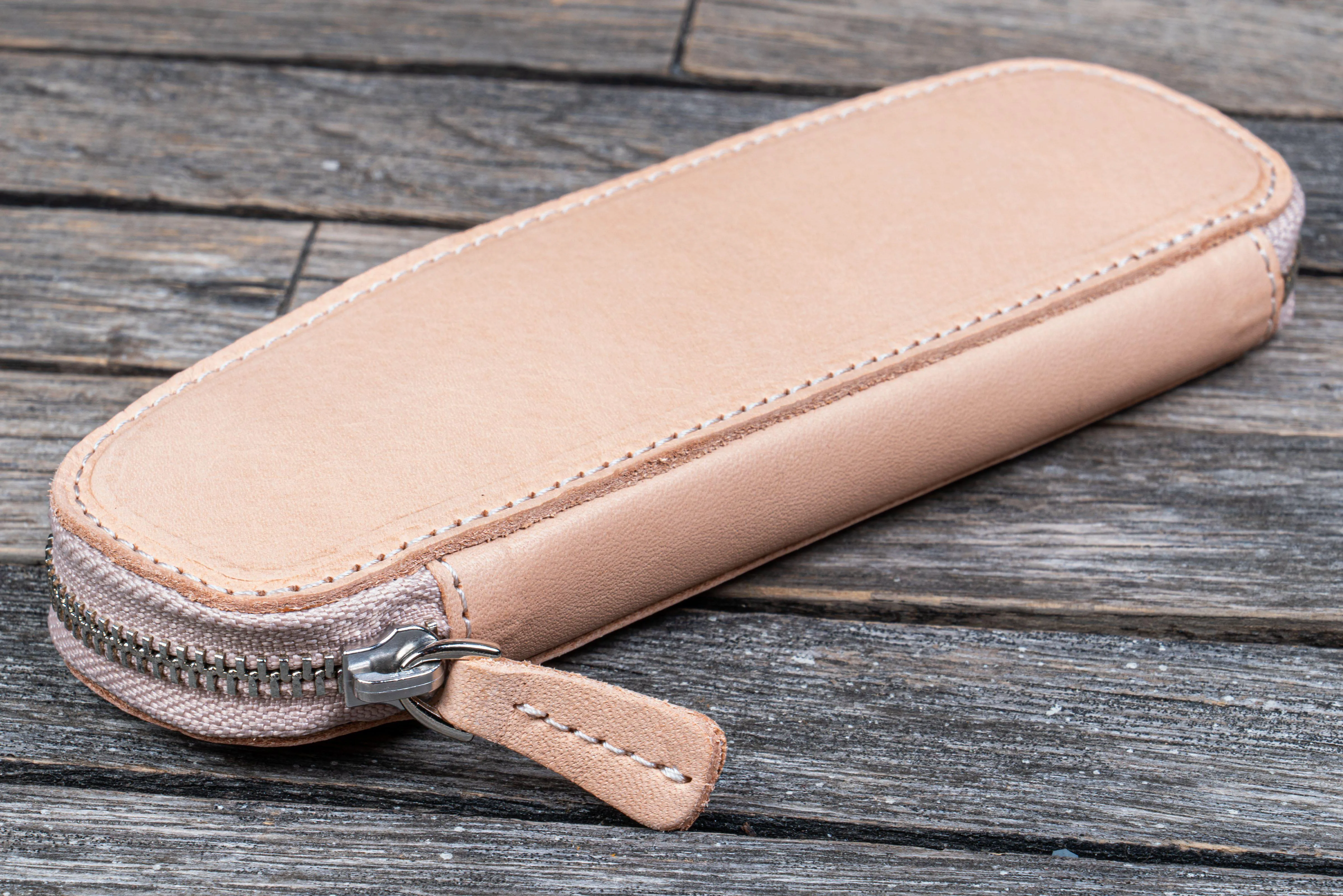 Leather Zippered Duo Slim Pen Case for 2 Pens - Undyed Leather