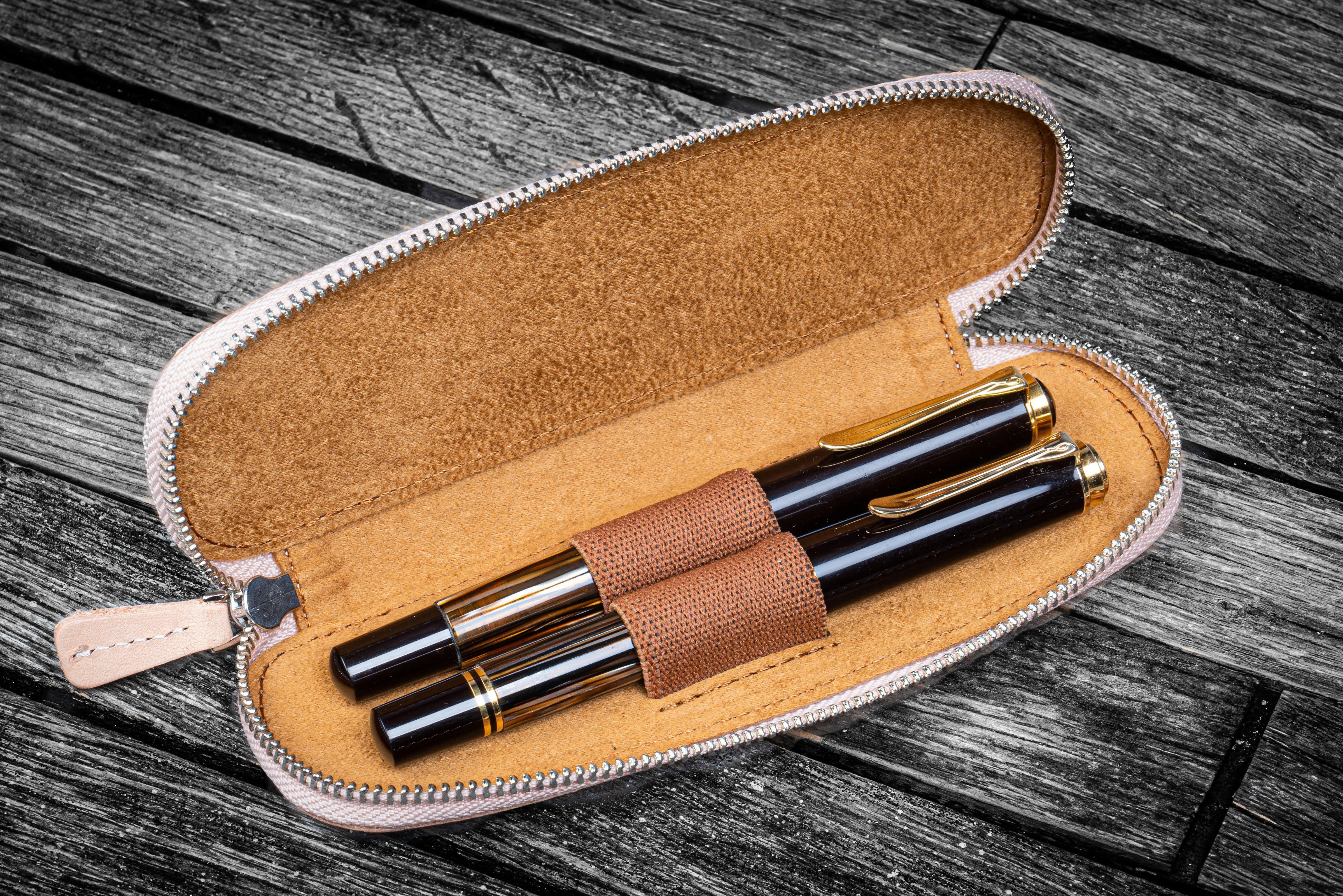 Leather Zippered Duo Slim Pen Case for 2 Pens - Undyed Leather