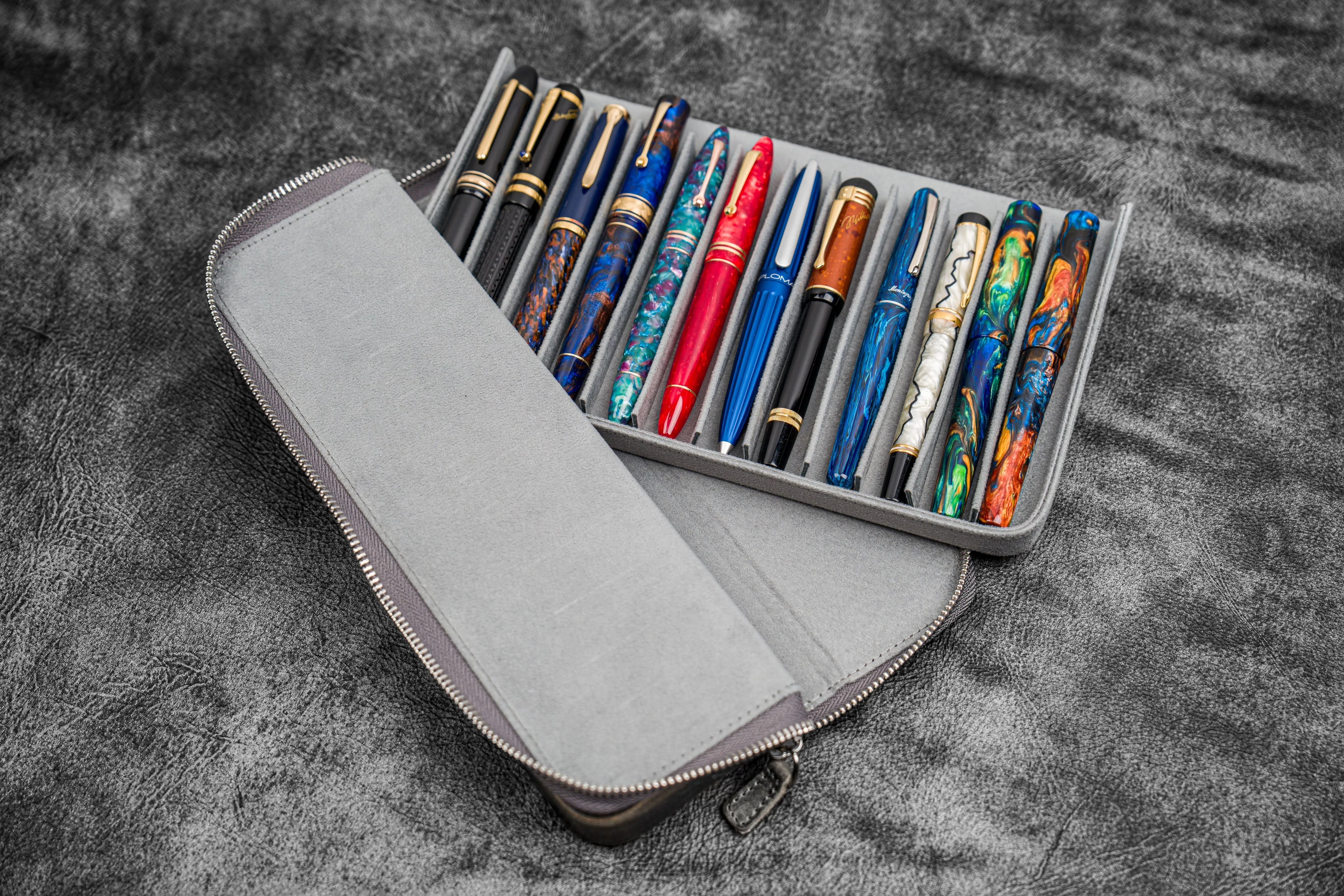 Leather Zippered Magnum Opus 12 Slots Hard Pen Case with Removable Pen Tray - Crazy Horse Smoky