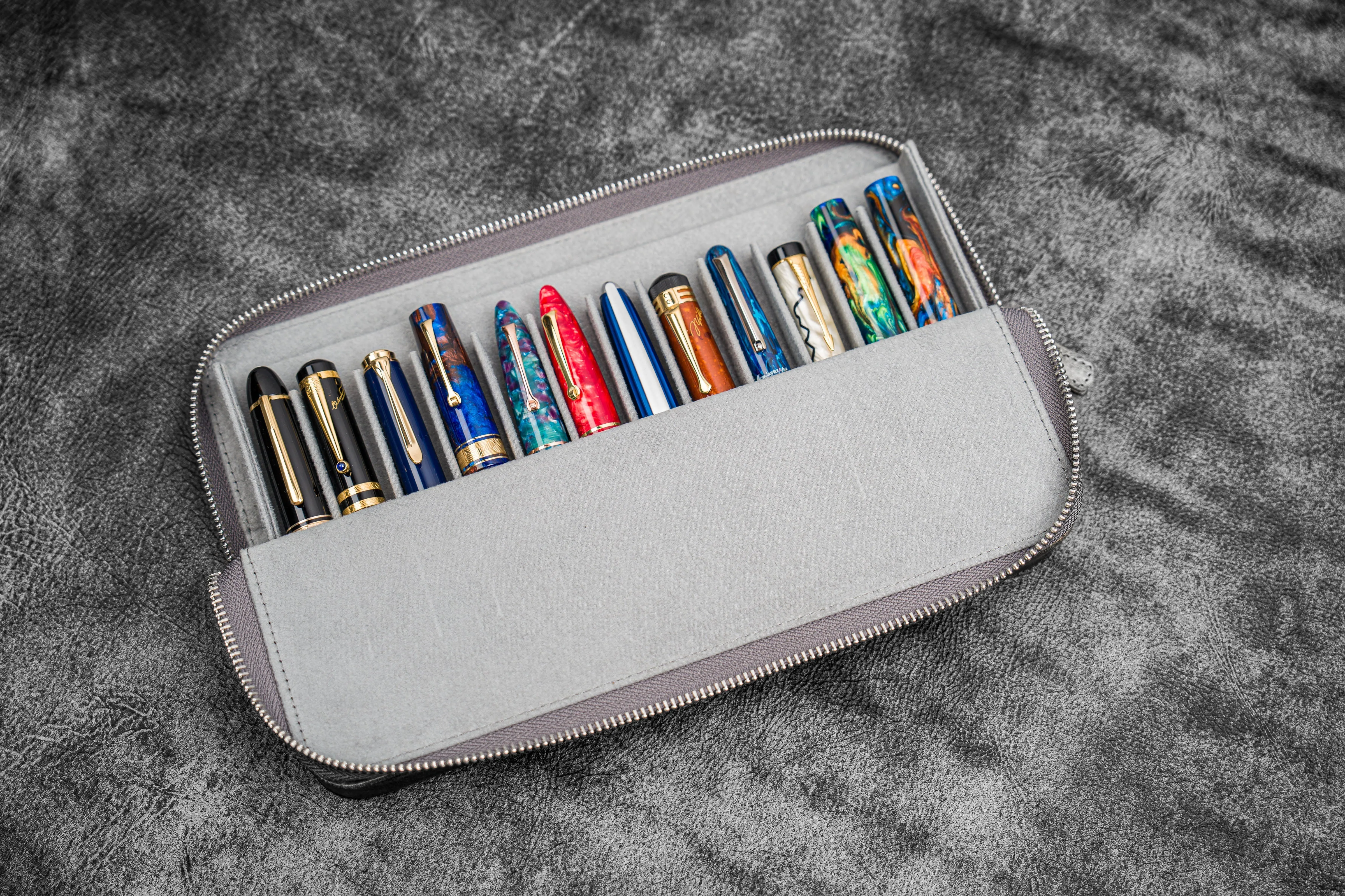 Leather Zippered Magnum Opus 12 Slots Hard Pen Case with Removable Pen Tray - Crazy Horse Smoky