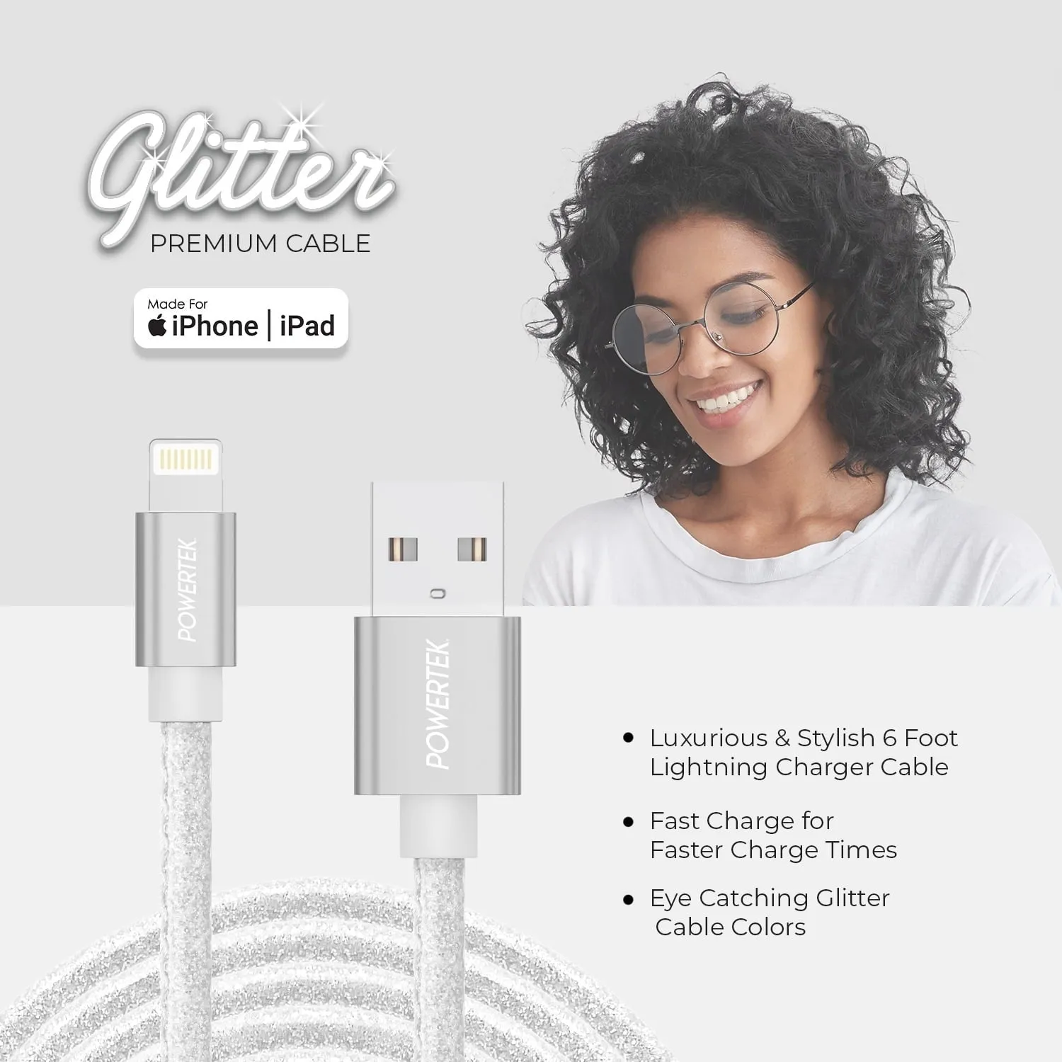 Liquipel 581236 Powertek USB-A to Lightning Cable, White Glitter