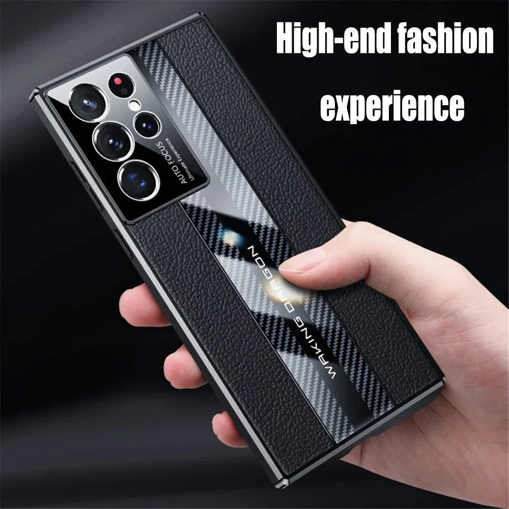 Luxury Carbon Fiber Genuine Leather Phone Case For Samsung Galaxy