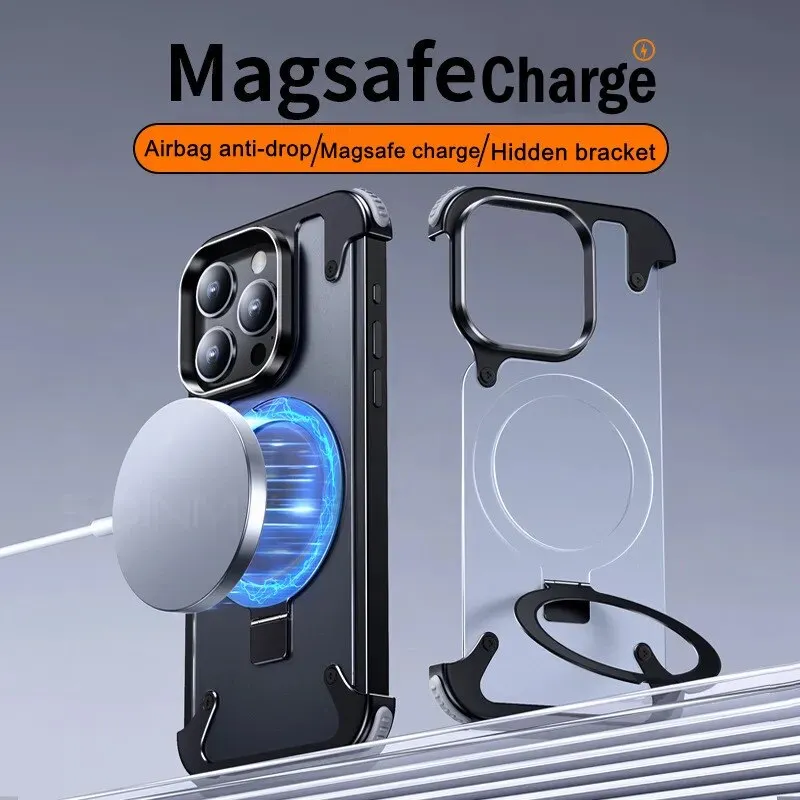 Magsafe Magnetic Metal Bumper Case with Airbag Shockproof Kichstand For IPhone