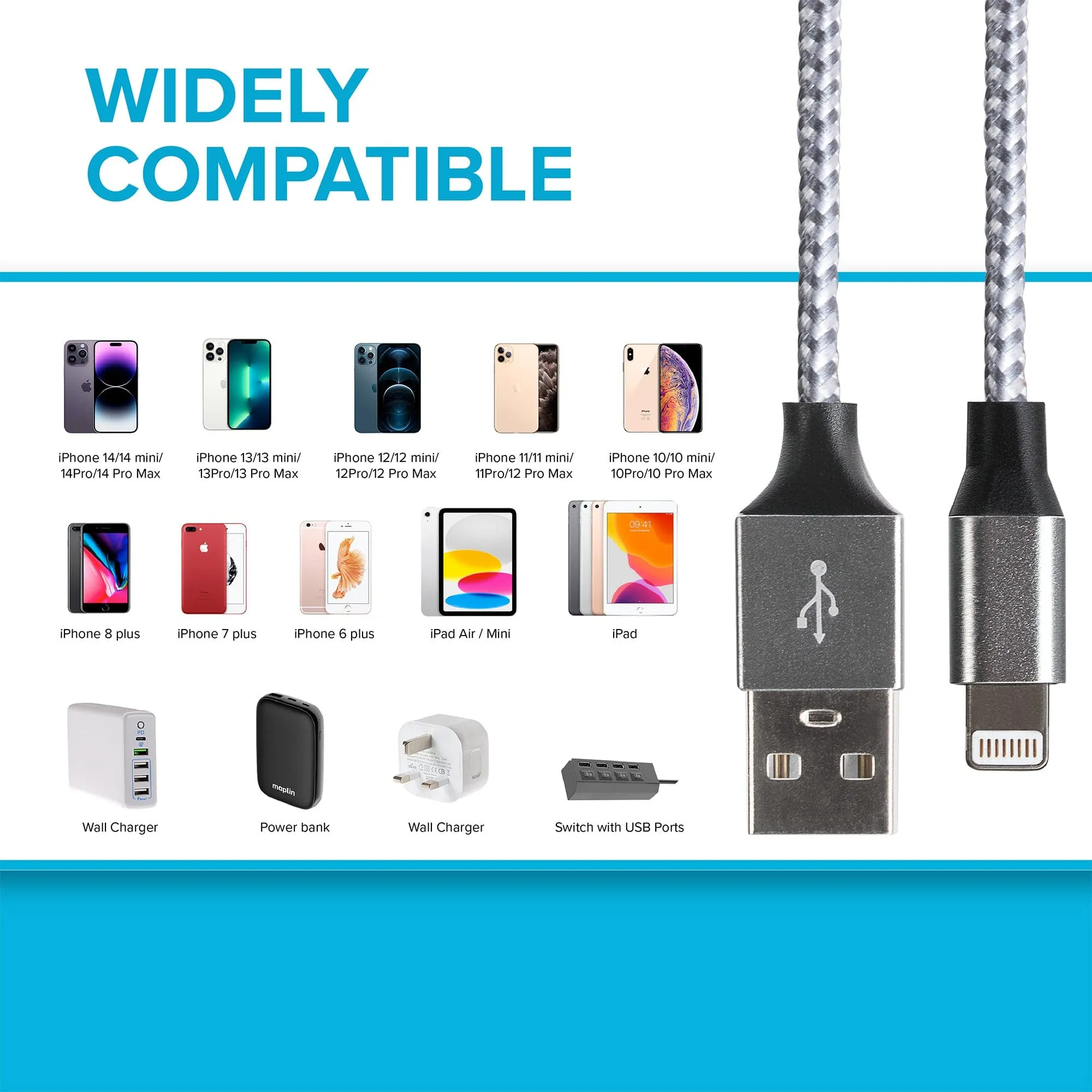 Maplin Lightning Connector to USB-A Braided Cable - 1m