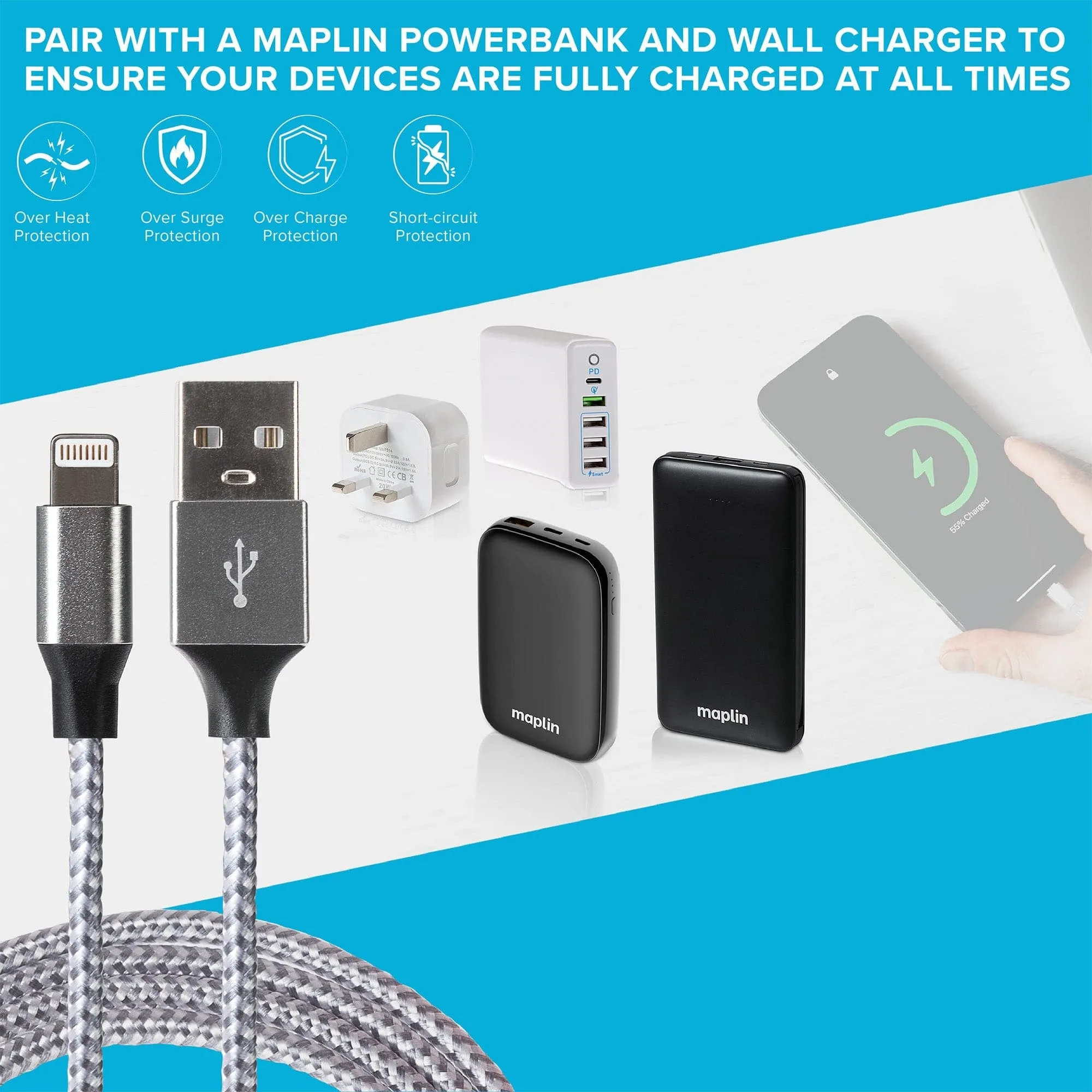 Maplin Lightning Connector to USB-A Braided Cable - 1m