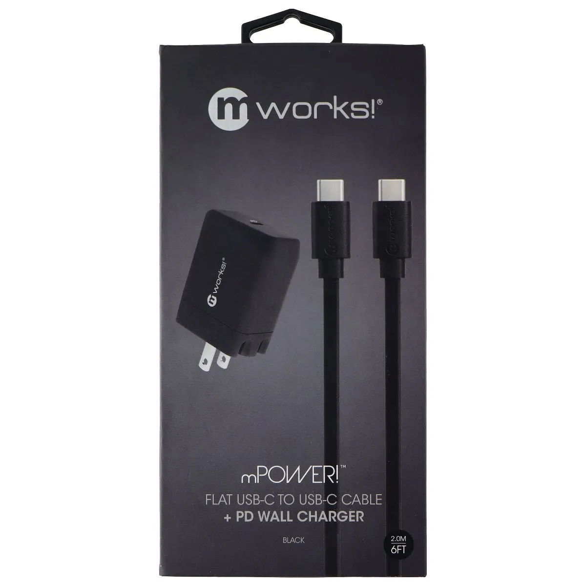 mWorks! mPower! Flat 6-Ft USB-C to USB-C Cable and PD Wall Charger - Black