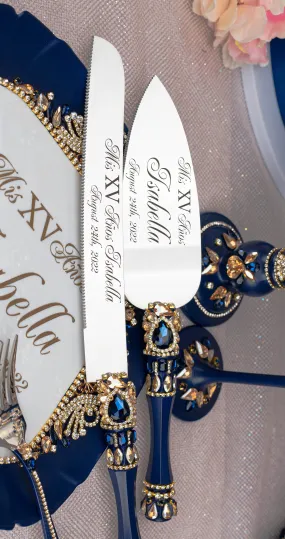 Navy blue with gold quinceanera cake knife and server