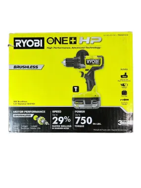 ONE  HP 18V Brushless Cordless 1/2 in. Hammer Drill Kit with (1) 4.0 Ah High Performance Battery, Charger, and Tool Bag