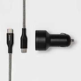 Open Box - USB Car Charger with 6' USB-C to USB-C Braided Cable - heyday Black