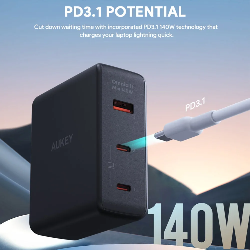 PA-B7O Omnia II Mix 140W 3 Port GaN PD 3.1 Charger with Interchangeable EU US UK Plugs