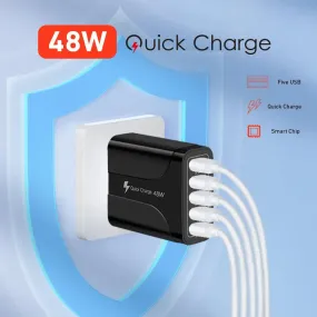 PBG 5 Port LED Wall Charger with 4-XL 10FT Charging Cables for Iphone-PBG 5 Port Wall Charger