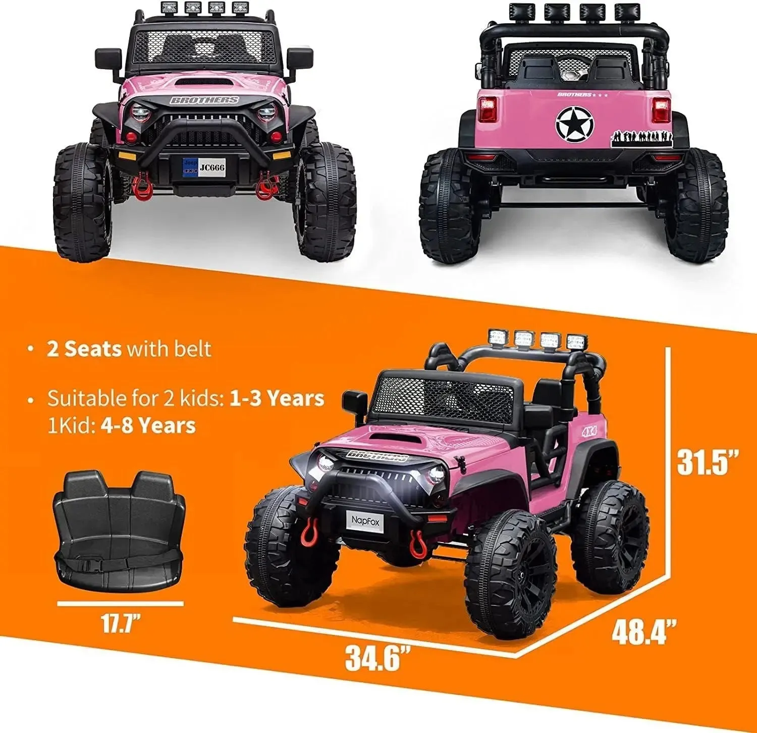 Pink 48.4" Large Ride On Car for Kids, Battery Powered Electric Car with 2 Seats, Remote Control, 14" Large Suspension Wheels, LED Lights, Music, Bluetooth for Boys & Girls