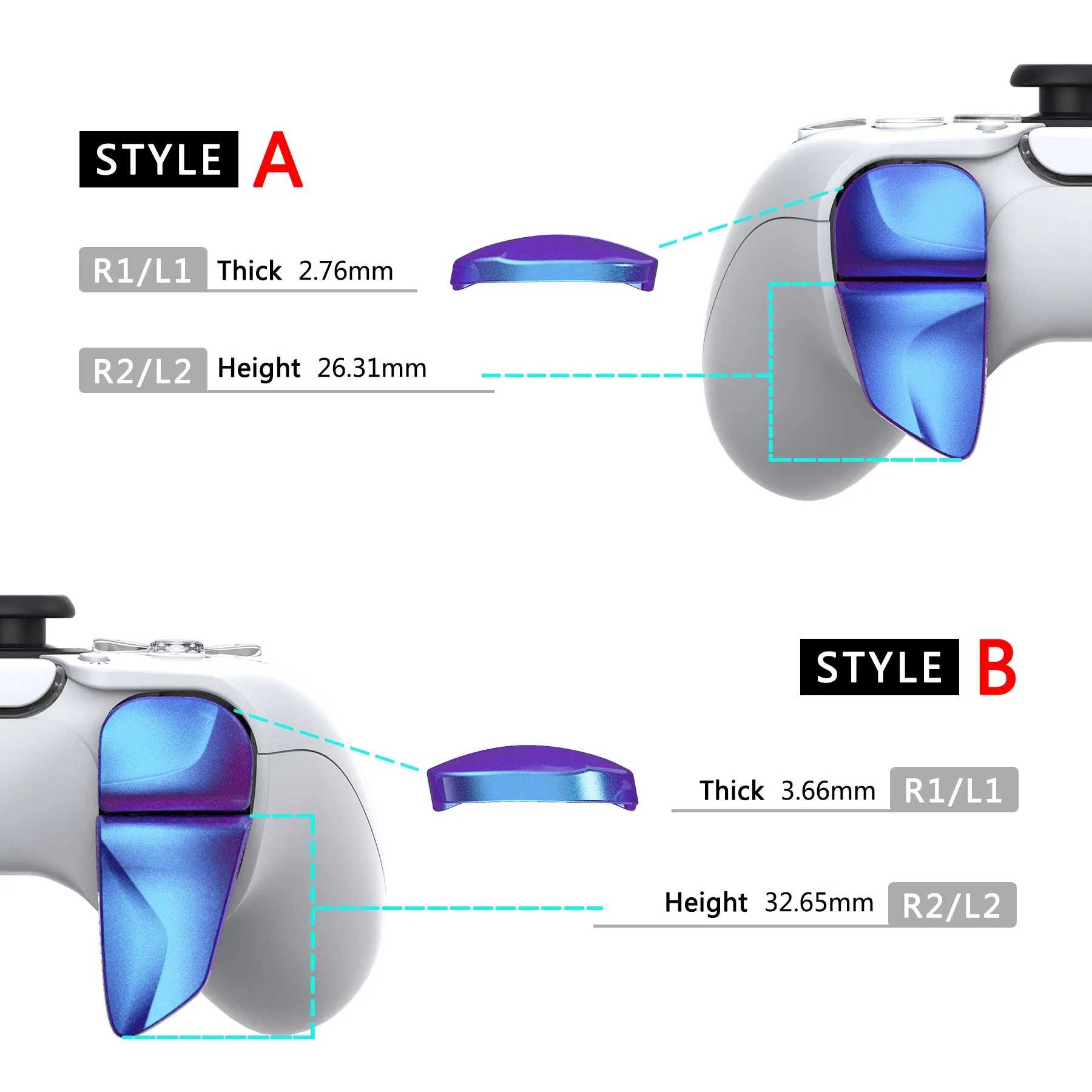 PlayVital BLADE 2 Pairs Shoulder Buttons Extension Triggers for ps5 Controller, Game Improvement Adjusters for PS Portal Remote Player, Bumper Trigger Extenders for ps5 Edge Controller - Chameleon Purple Blue - PFPJ040