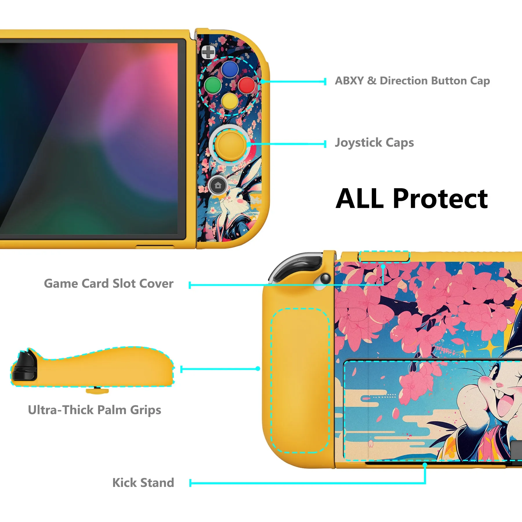 PlayVital ZealProtect Soft Protective Case for Switch OLED, Flexible Protector Joycon Grip Cover for Switch OLED with Thumb Grip Caps & ABXY Direction Button Caps - Blossom POP Bunny - XSOYV6053