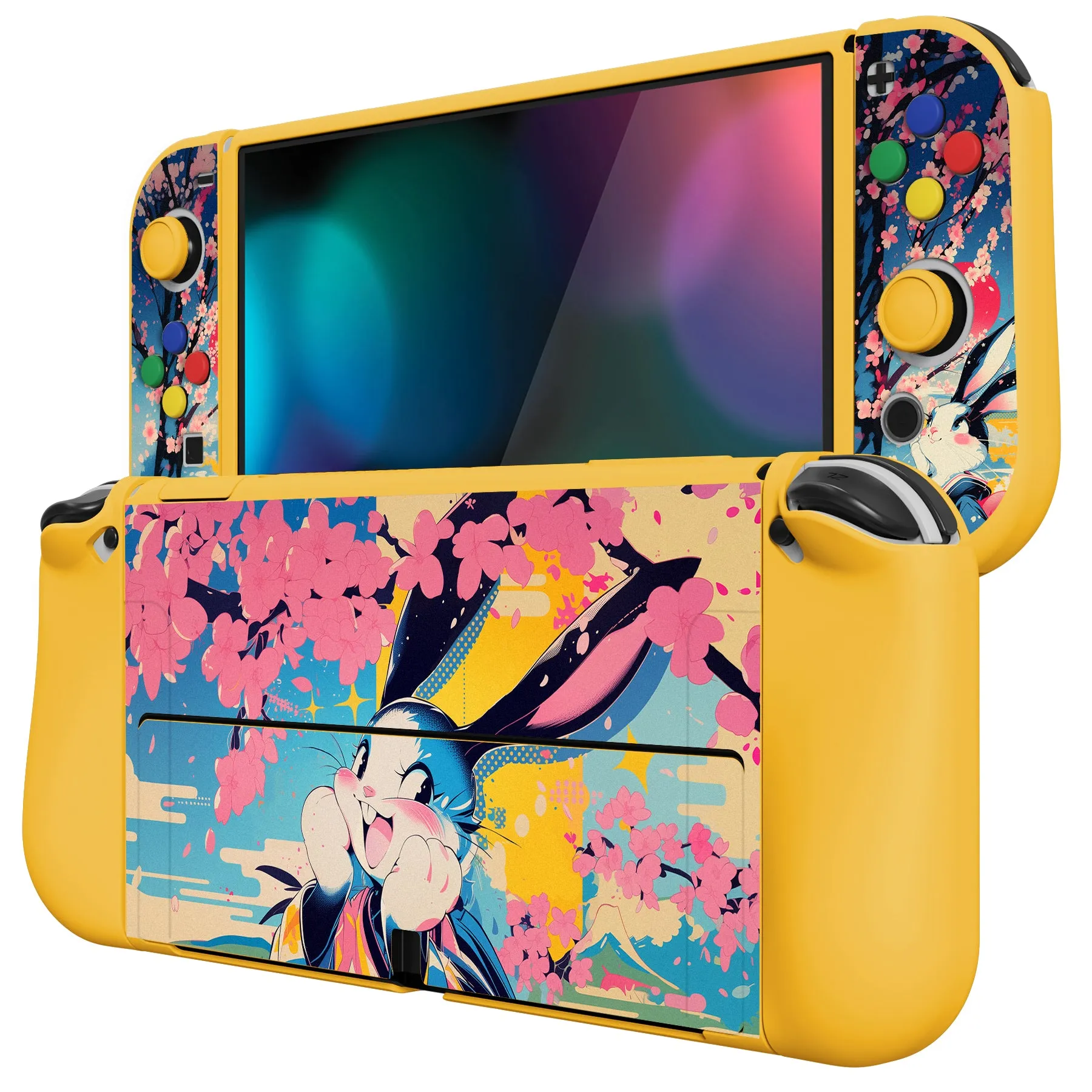 PlayVital ZealProtect Soft Protective Case for Switch OLED, Flexible Protector Joycon Grip Cover for Switch OLED with Thumb Grip Caps & ABXY Direction Button Caps - Blossom POP Bunny - XSOYV6053