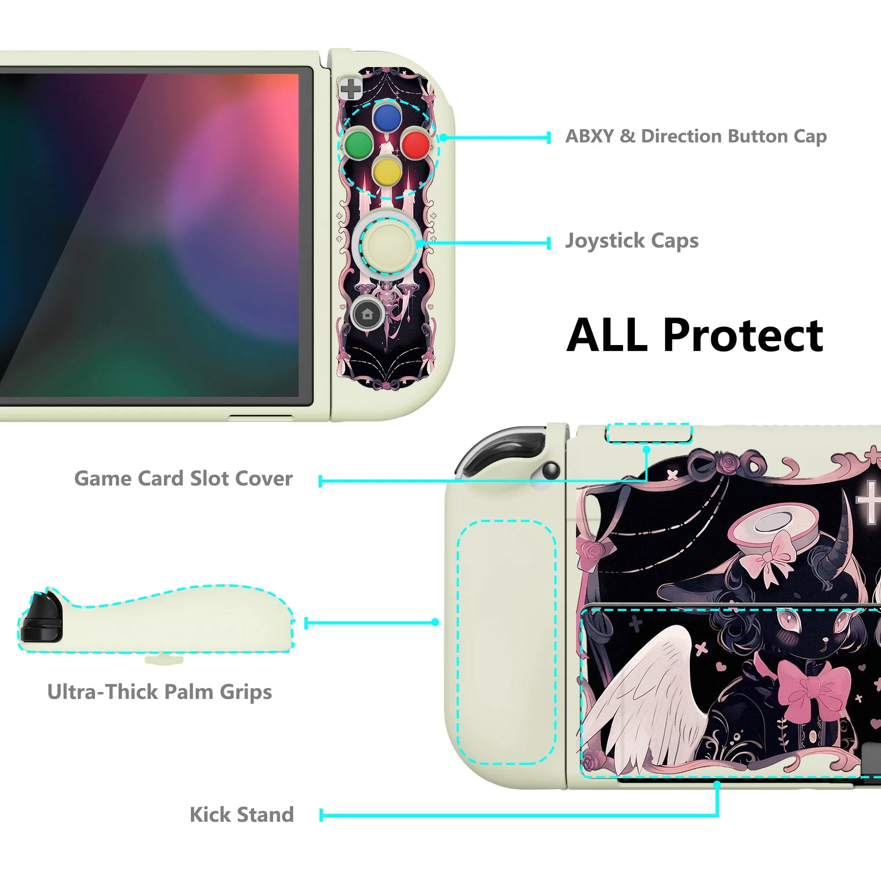 PlayVital ZealProtect Soft Protective Case for Switch OLED, Flexible Protector Joycon Grip Cover for Switch OLED with Thumb Grip Caps & ABXY Direction Button Caps - Darkling Sheep - XSOYV6050