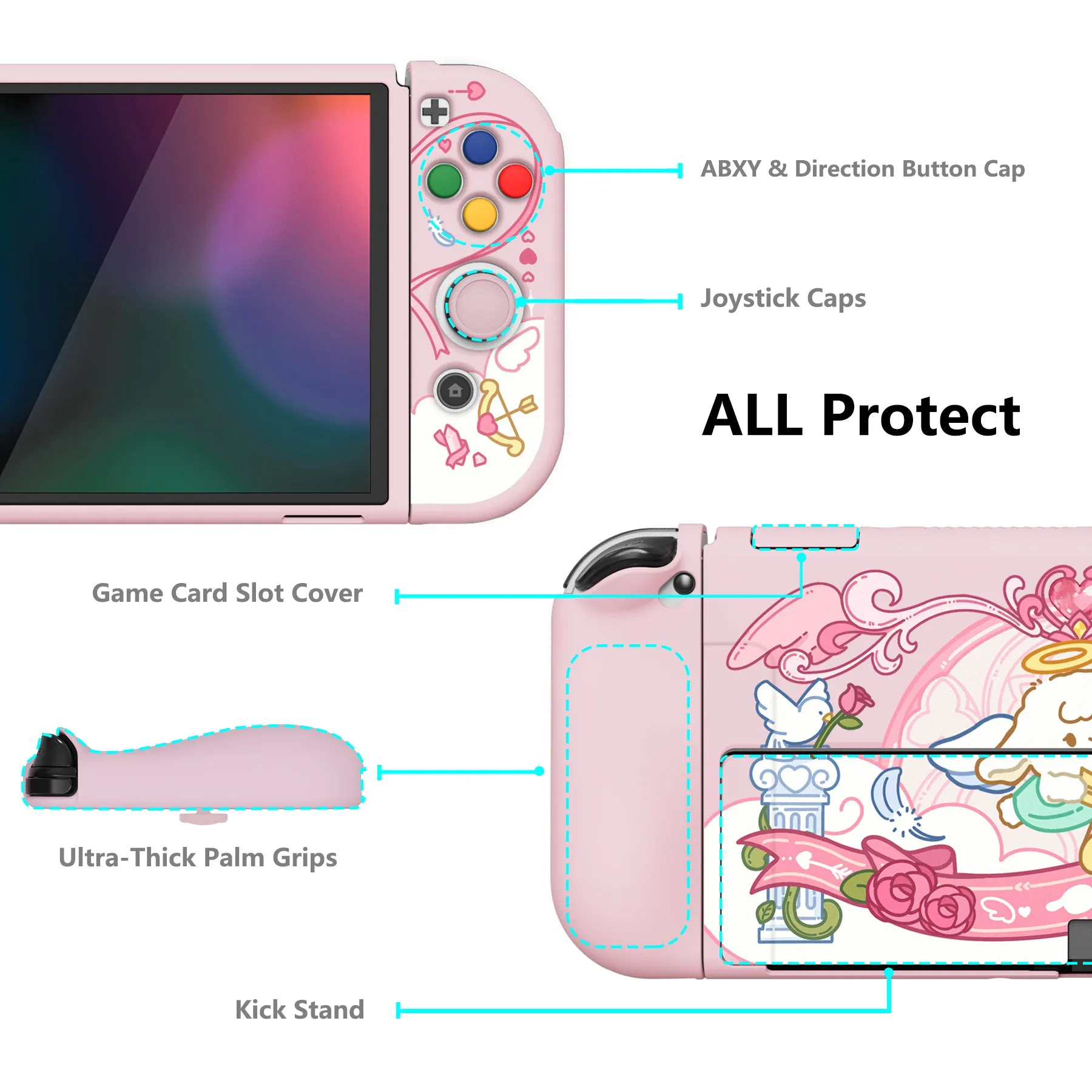 PlayVital ZealProtect Soft Protective Case for Switch OLED, Flexible Protector Joycon Grip Cover for Switch OLED with Thumb Grip Caps & ABXY Direction Button Caps - Intern Cupid - XSOYV6060