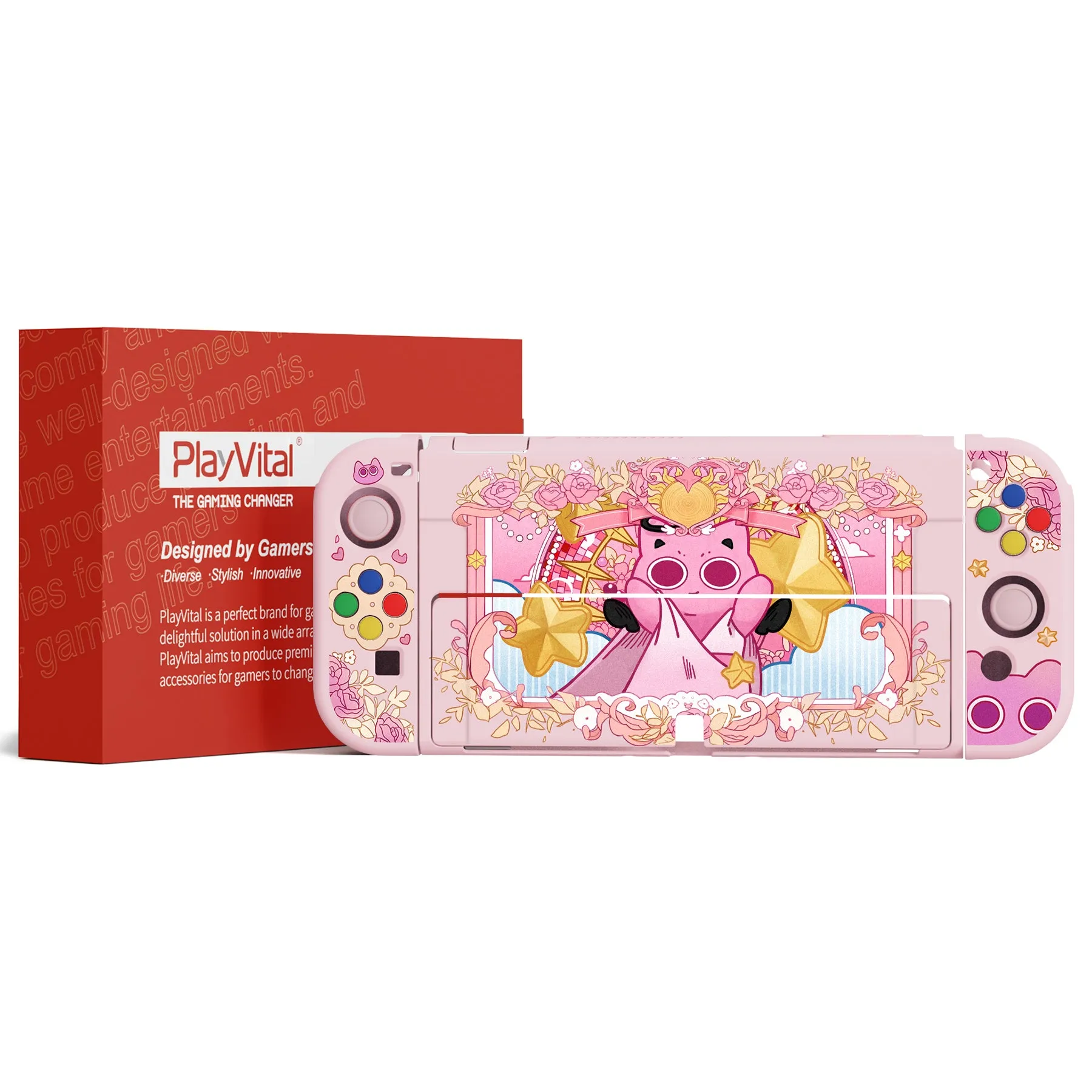 PlayVital ZealProtect Soft Protective Case for Switch OLED, Flexible Protector Joycon Grip Cover for Switch OLED with Thumb Grip Caps & ABXY Direction Button Caps - PP & Pink - XSOYV6057