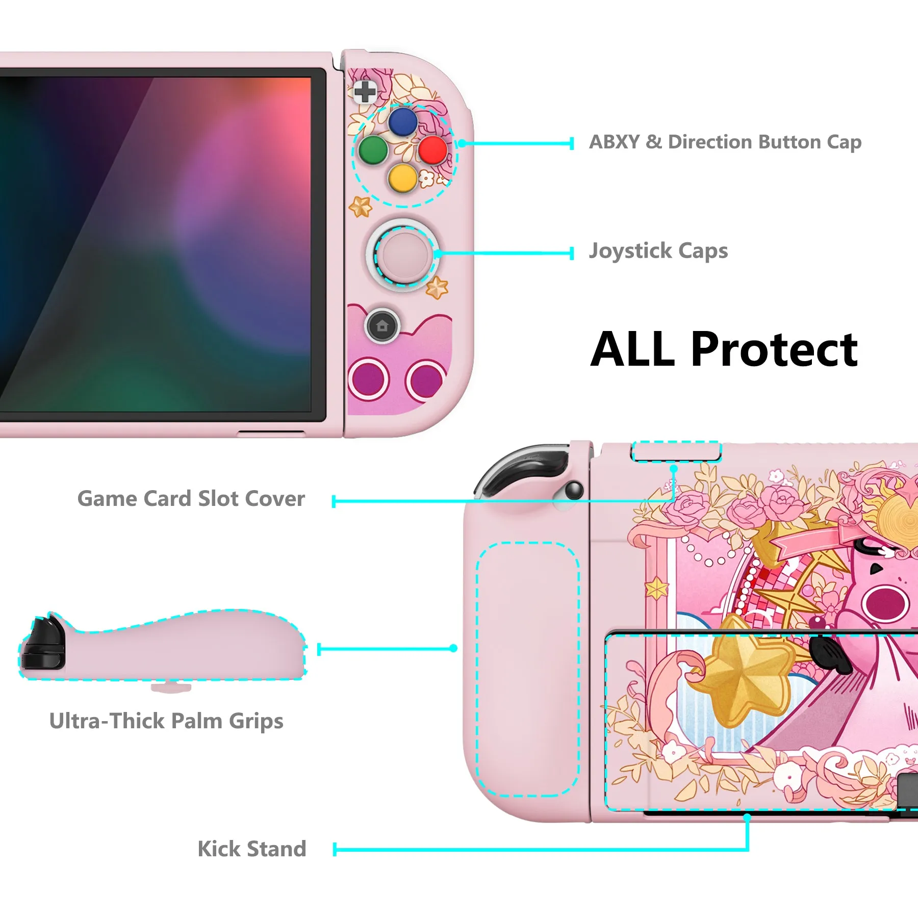 PlayVital ZealProtect Soft Protective Case for Switch OLED, Flexible Protector Joycon Grip Cover for Switch OLED with Thumb Grip Caps & ABXY Direction Button Caps - PP & Pink - XSOYV6057