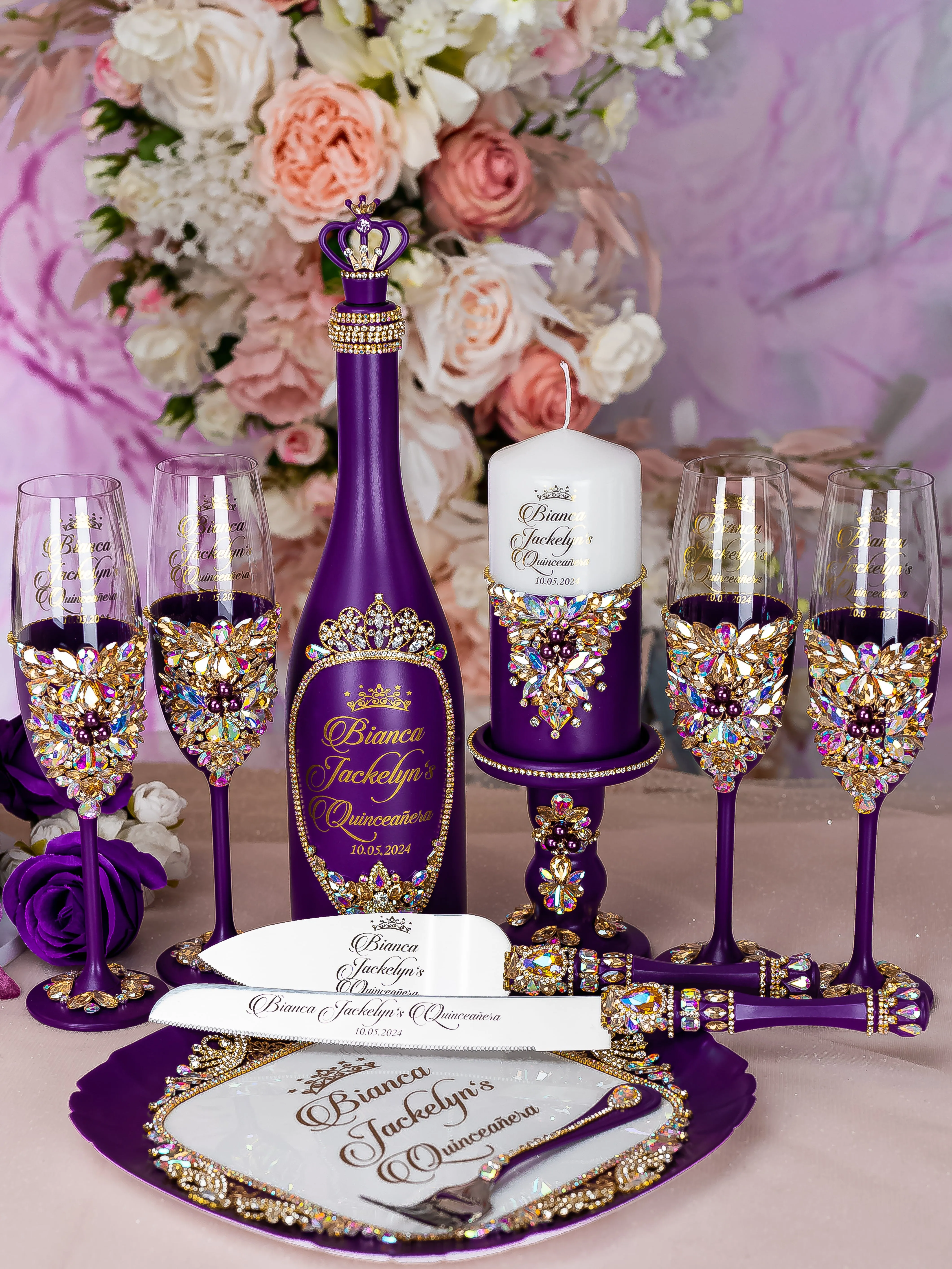 Plum Quinceanera cake knife set with 1 glass