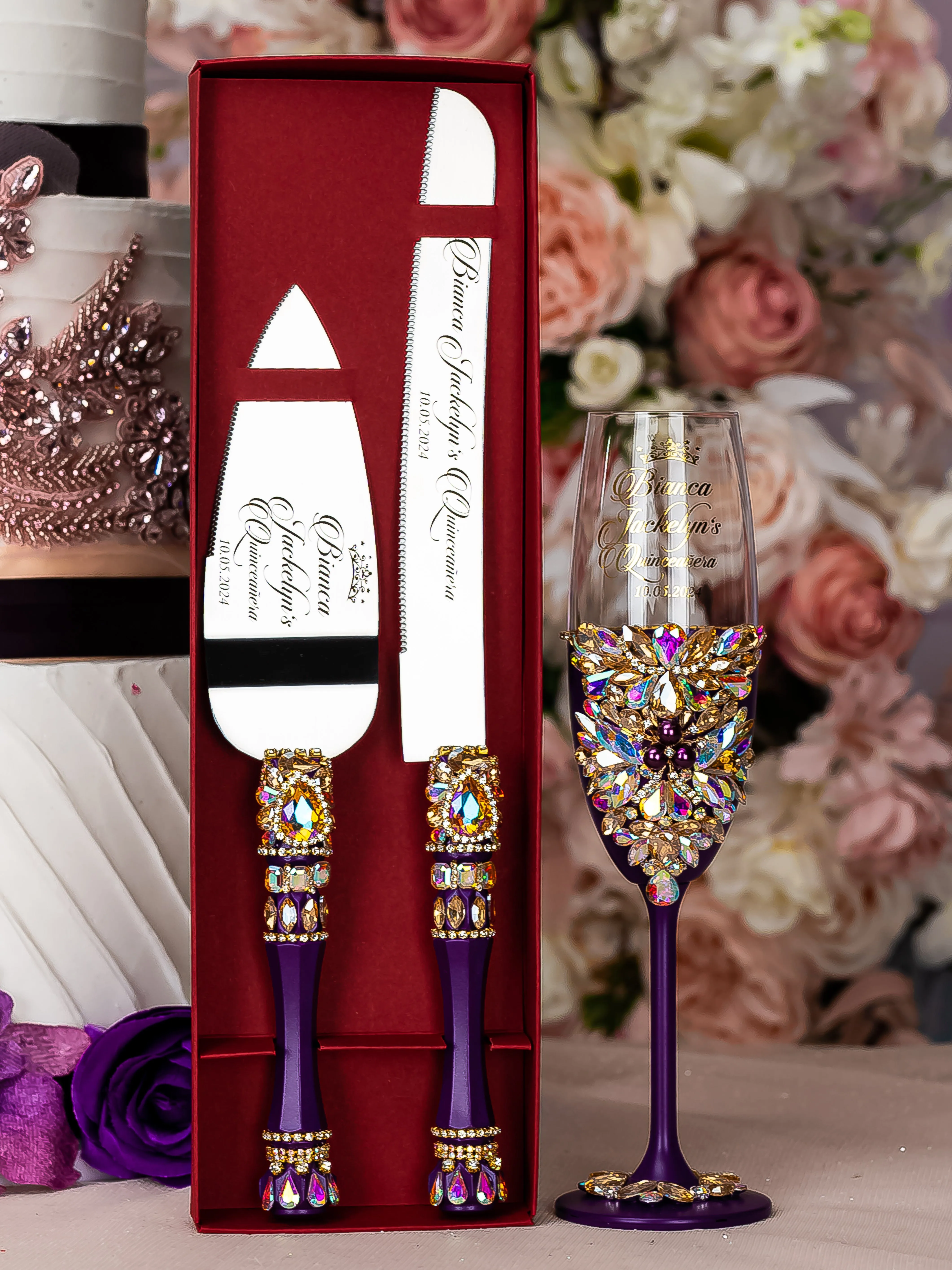 Plum Quinceanera cake knife set with 1 glass