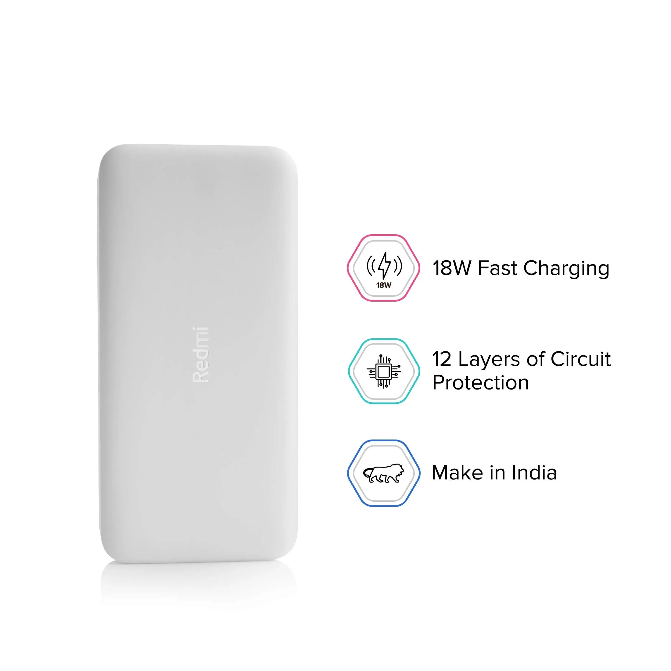 Redmi 20000mAh Power Bank, USB Type C, Micro USB Ports, Dual USB Output, 18W Fast Charging, Low Power Mode, (White)