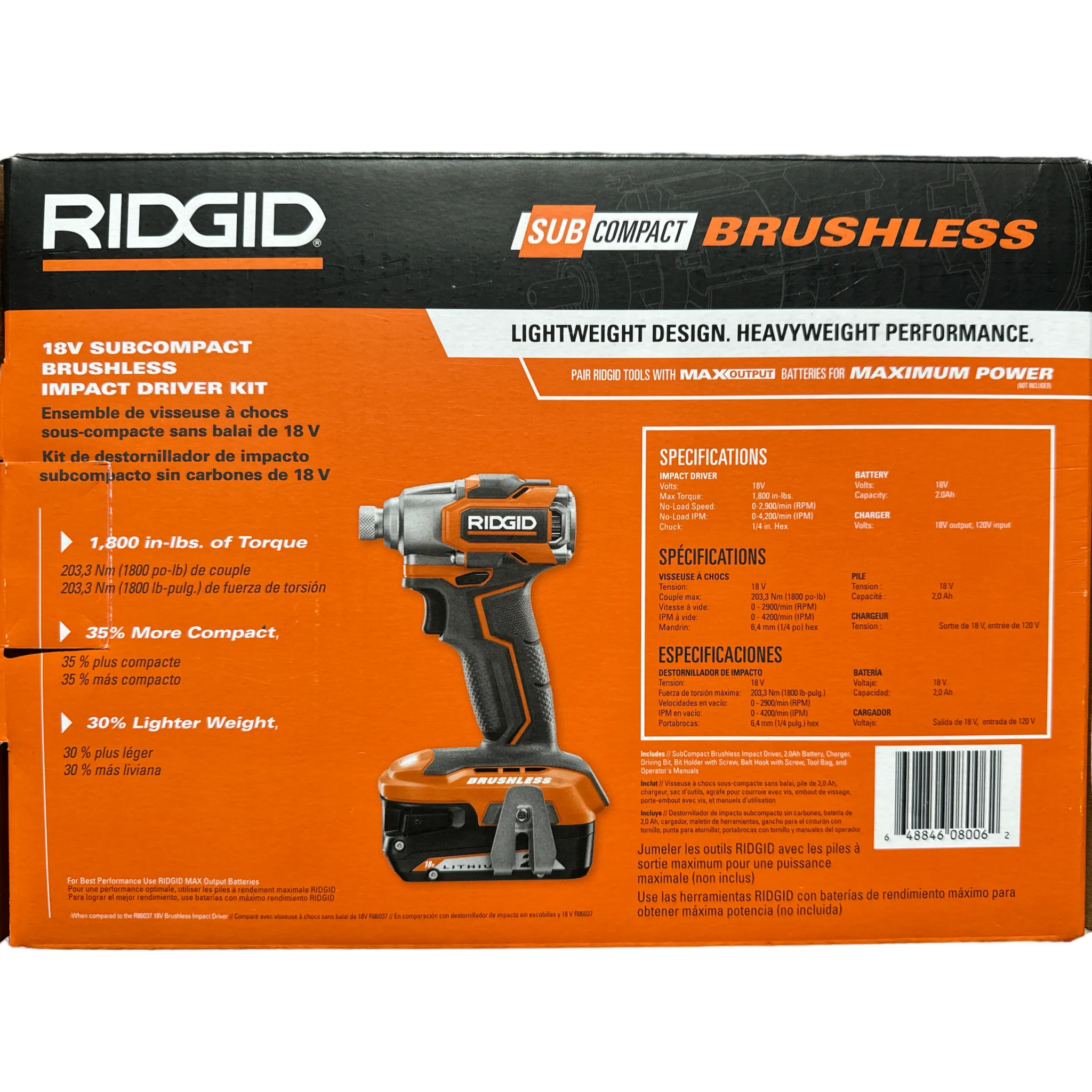 RIDGID 18V SubCompact Brushless Cordless Impact Driver Kit with (1) 2.0 Ah Battery, Charger, and Bag