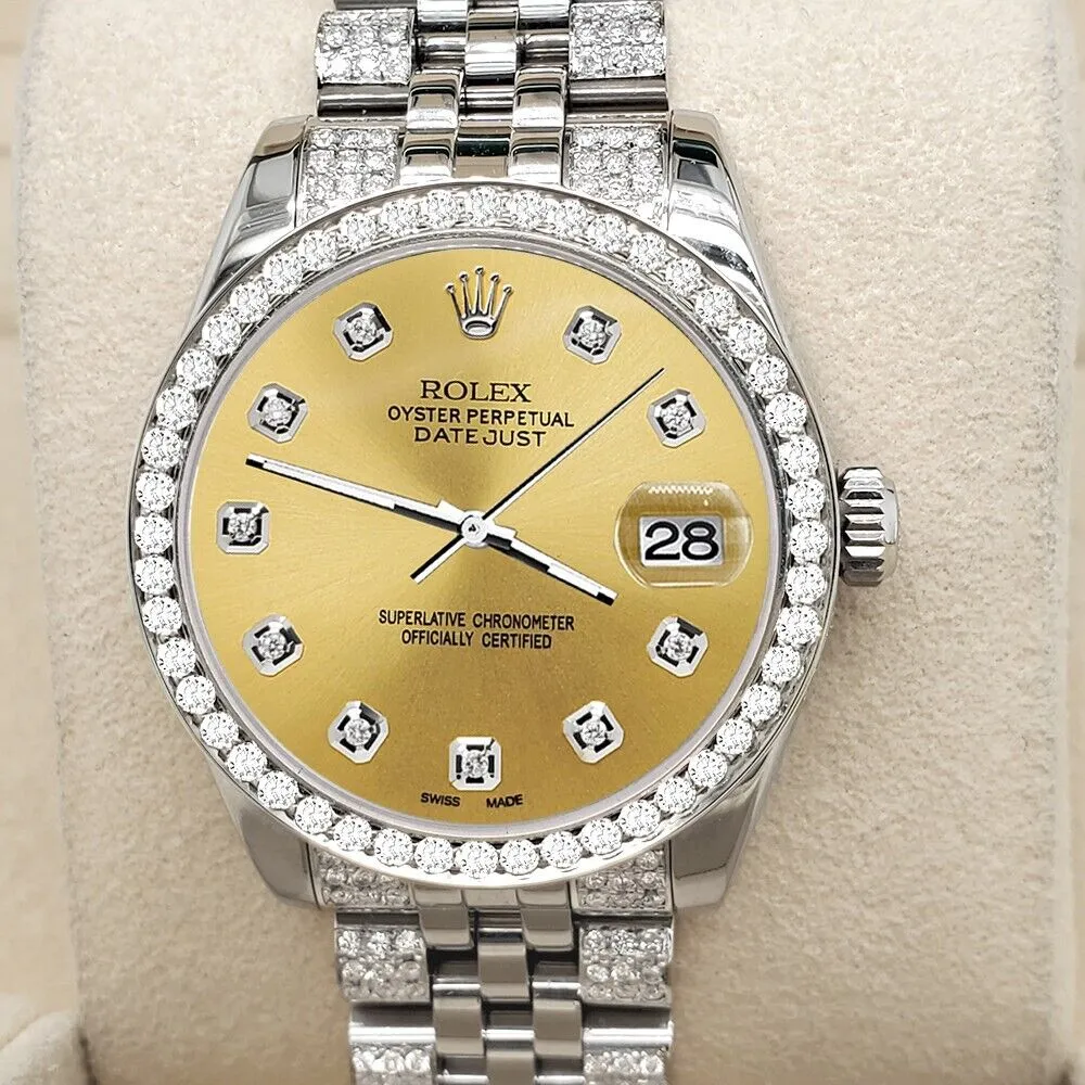 Rolex Datejust Midsize 31mm 3.30ct Diamond Bezel/Bracelet/Champagne Dial Watch TFJ-142508203