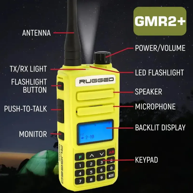 Rugged Radios GMR2 PLUS GMRS and FRS Two Way Handheld Radio - High Visibility Safety Yellow - 2 Pack