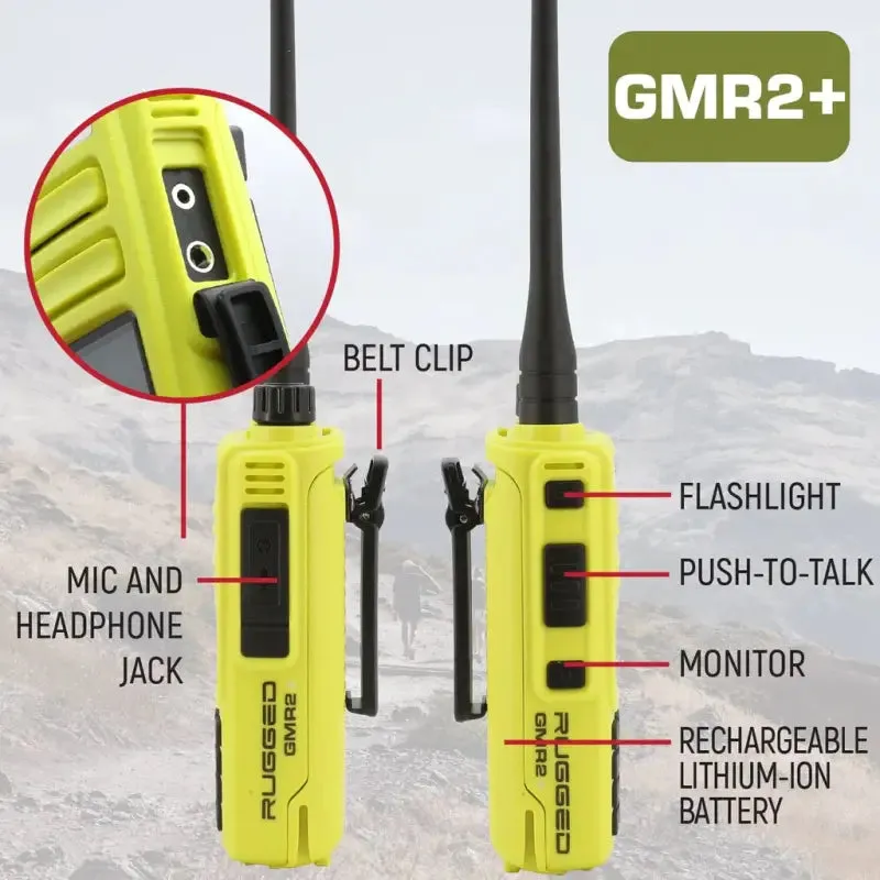 Rugged Radios GMR2 PLUS GMRS and FRS Two Way Handheld Radio - High Visibility Safety Yellow - 2 Pack