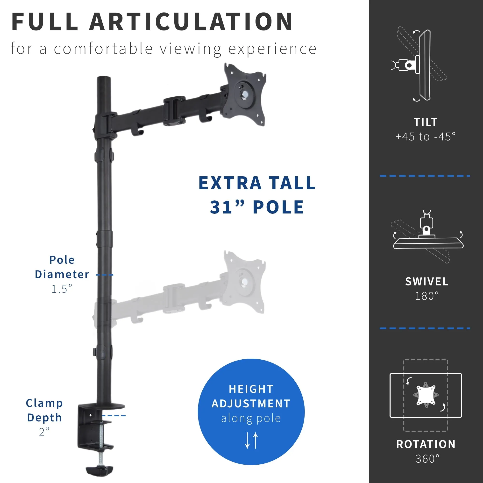 Single Monitor Desk Mount Extra Tall Fully Adjustable Stand for up to 32" Screen