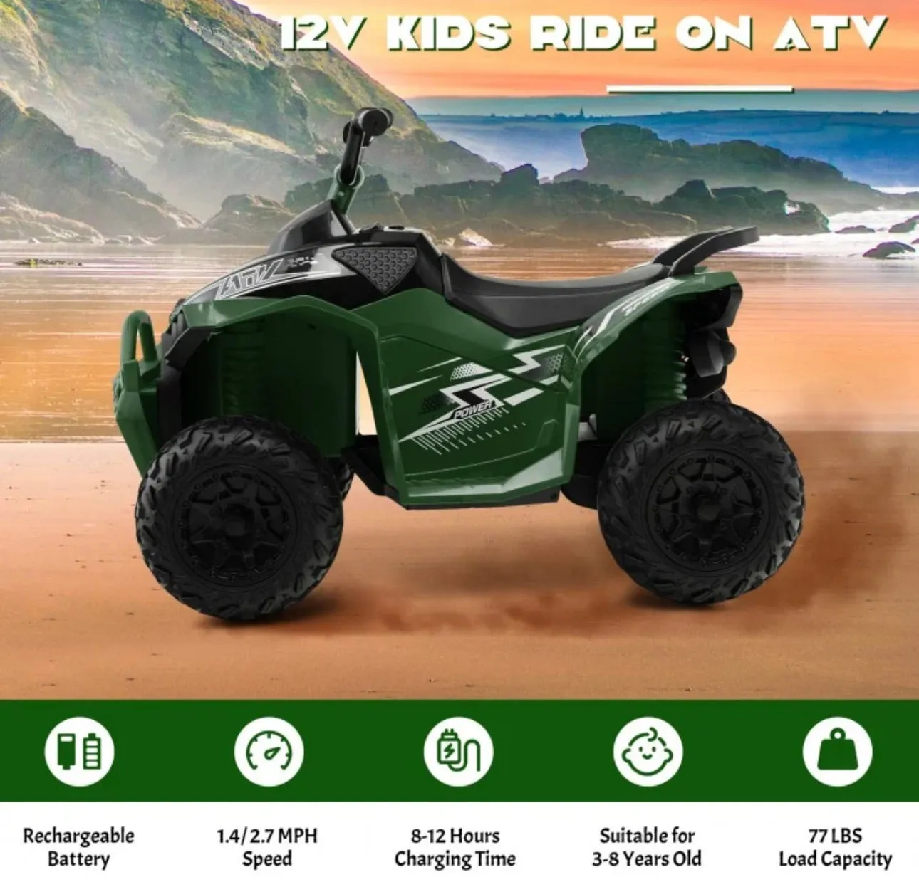 Super Fun 2025 Kids 12V Ride On Car, ATV 1 Seater | Ages 3-8 | Horn | Lights | Music | 4 Wheeler | Upgraded 4 Wheeler