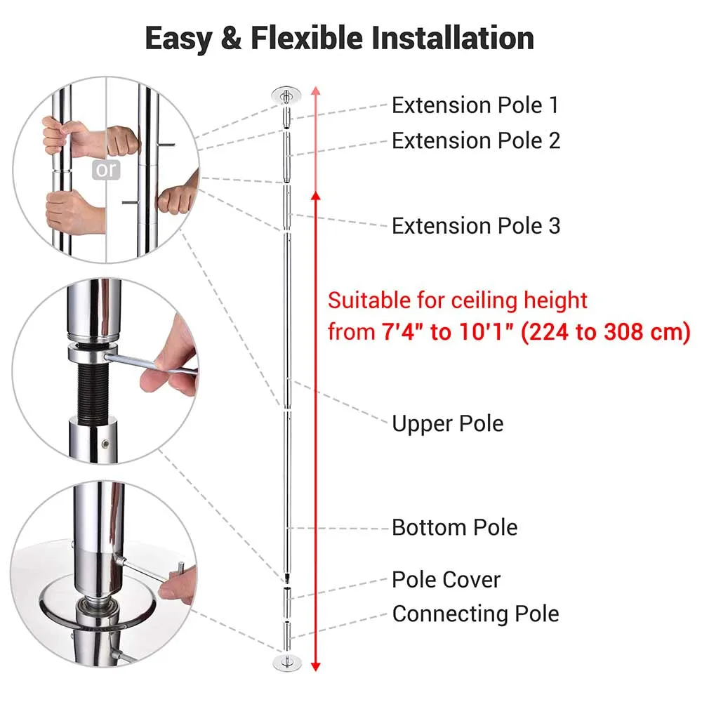 TheLAShop 10 ft Spinning Strip Pole Kit Removable 45mm Silver