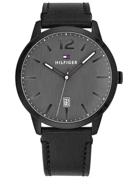 Tommy Hilfiger Mens Dustin Watch - Black Metal - Gray Dial - Date - Leather