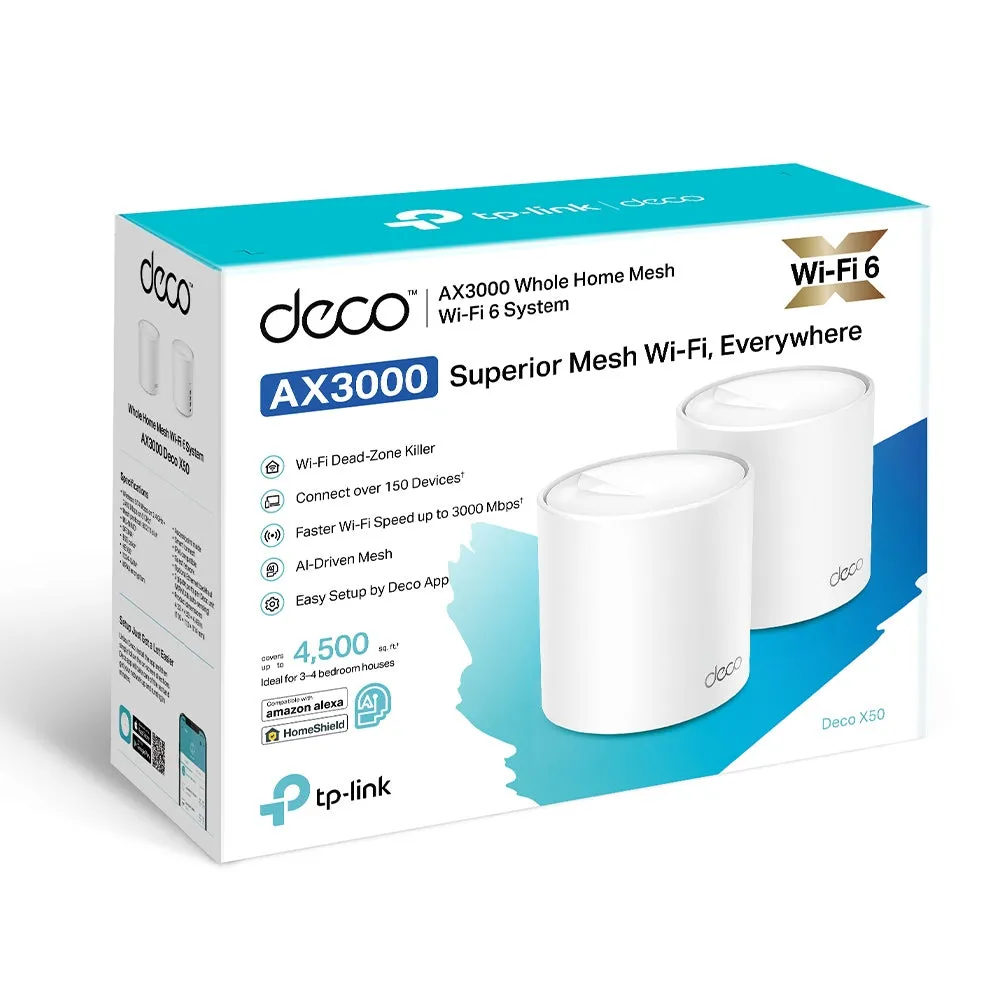 TP-Link Deco X50 (2-Pack) AX3000 Whole Home Mesh Dual Band Wi-Fi 6 System with 2402Mbps at 5GHz, 574Mbps at 2.4GHz, Covers Up to 4,500 sq.ft., Connect 150 Devices, Router/AP Mode, MU-MIMO, Beamforming, IPv6, OFDMA, IPTV, Alexa Supported