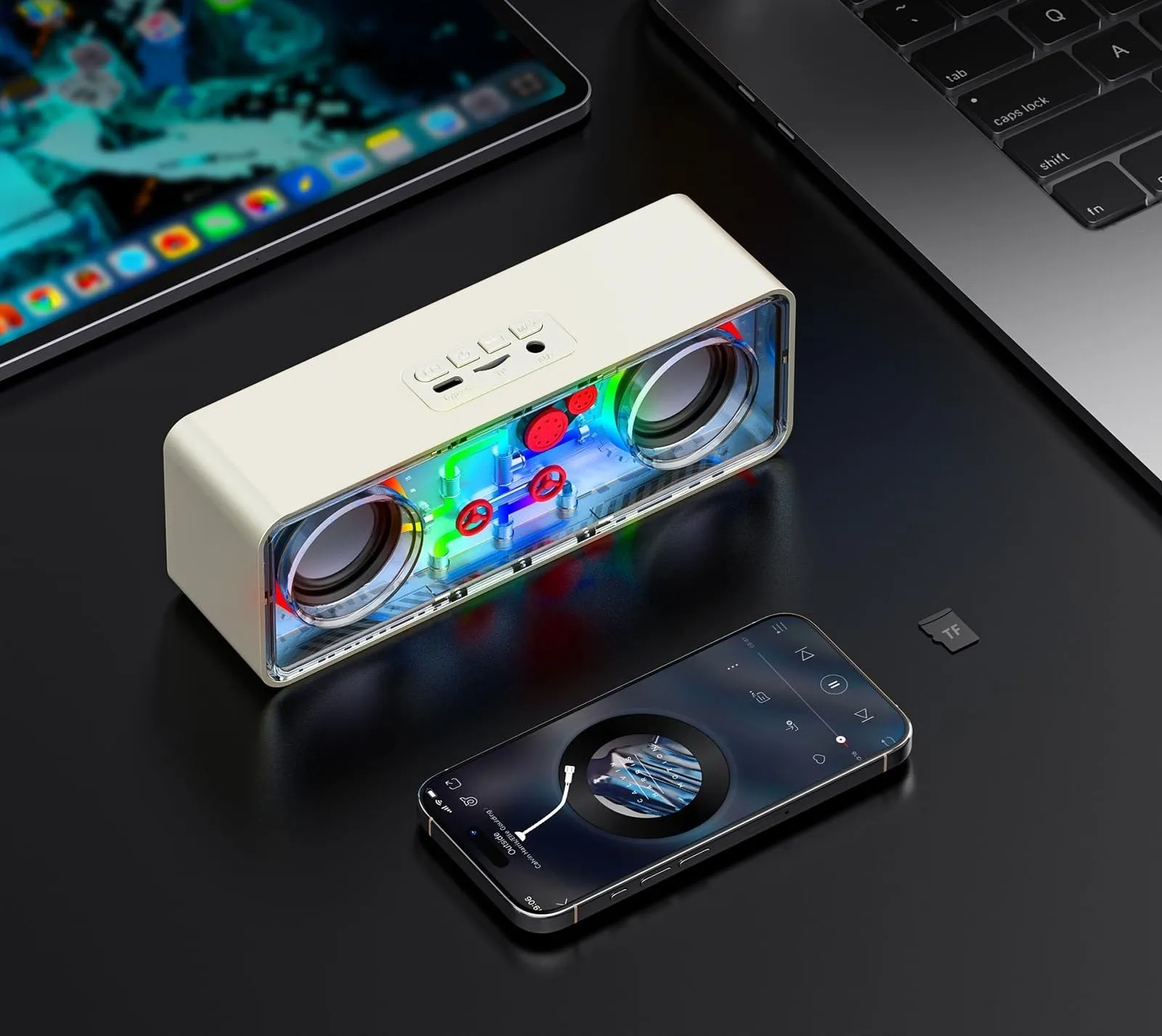 V8 Crystal-Clear Dual Speaker Bluetooth Sound System – Transparent RGB Punk Style for High-Quality Wireless Audio Bliss