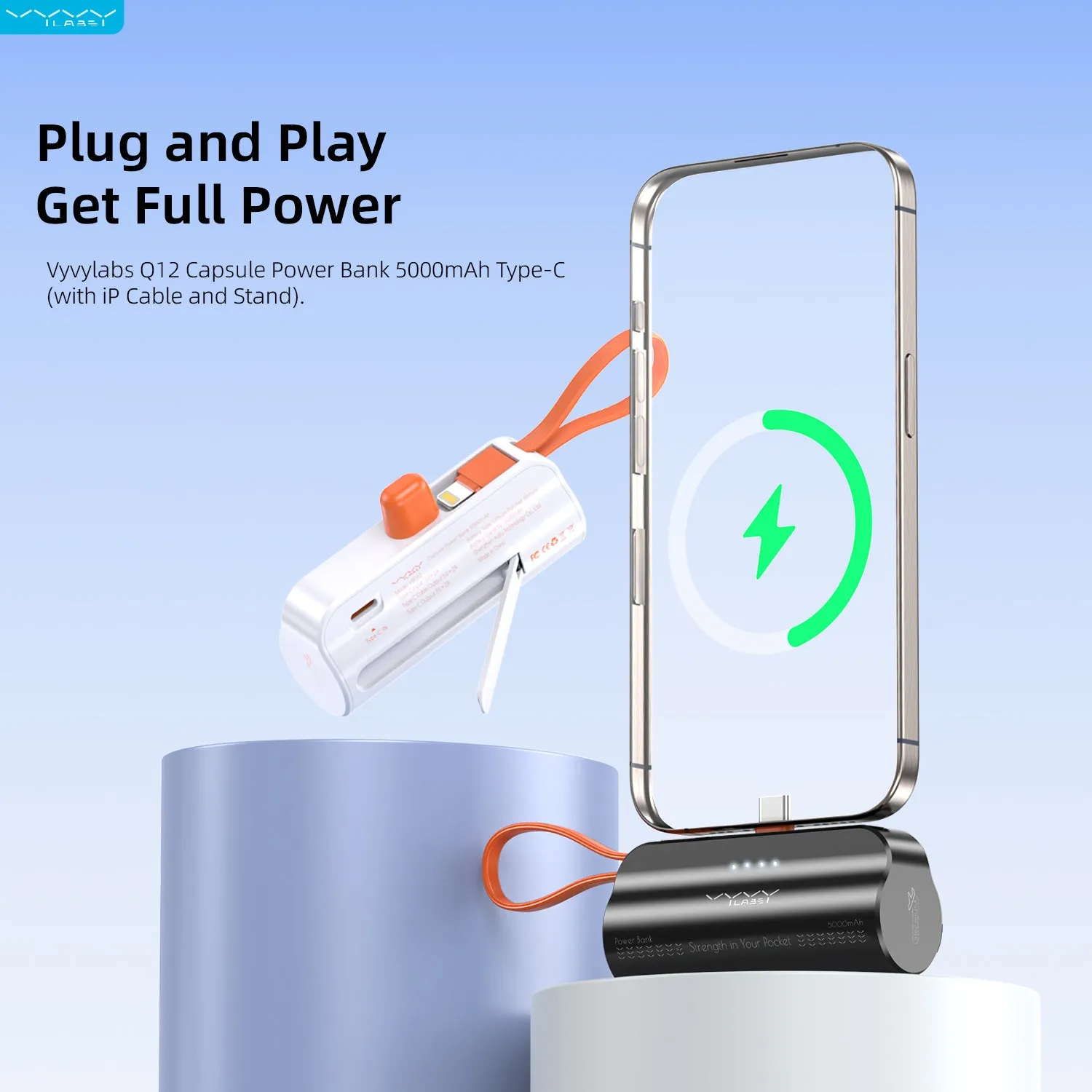 Vyvylabs Q12 Capsule Power Bank 5000mAh Type-C With iP Cable and Stand - White