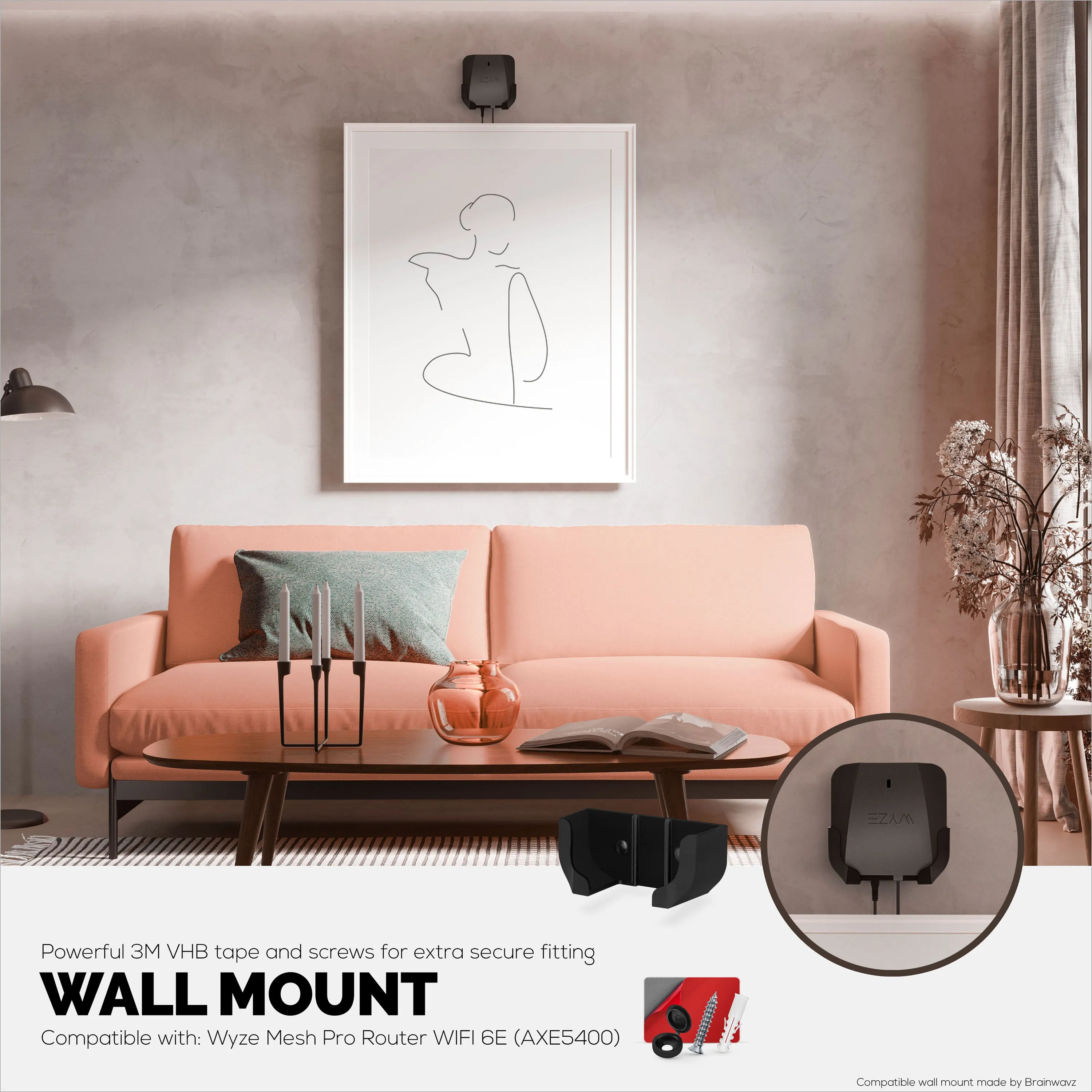 Wall Mount Compatible with Wyze PRO (AXE5400) Mesh Router Wi-Fi 6E Tri-Band, Easy to Install Holder Bracket, Reduce Interference & Clutter