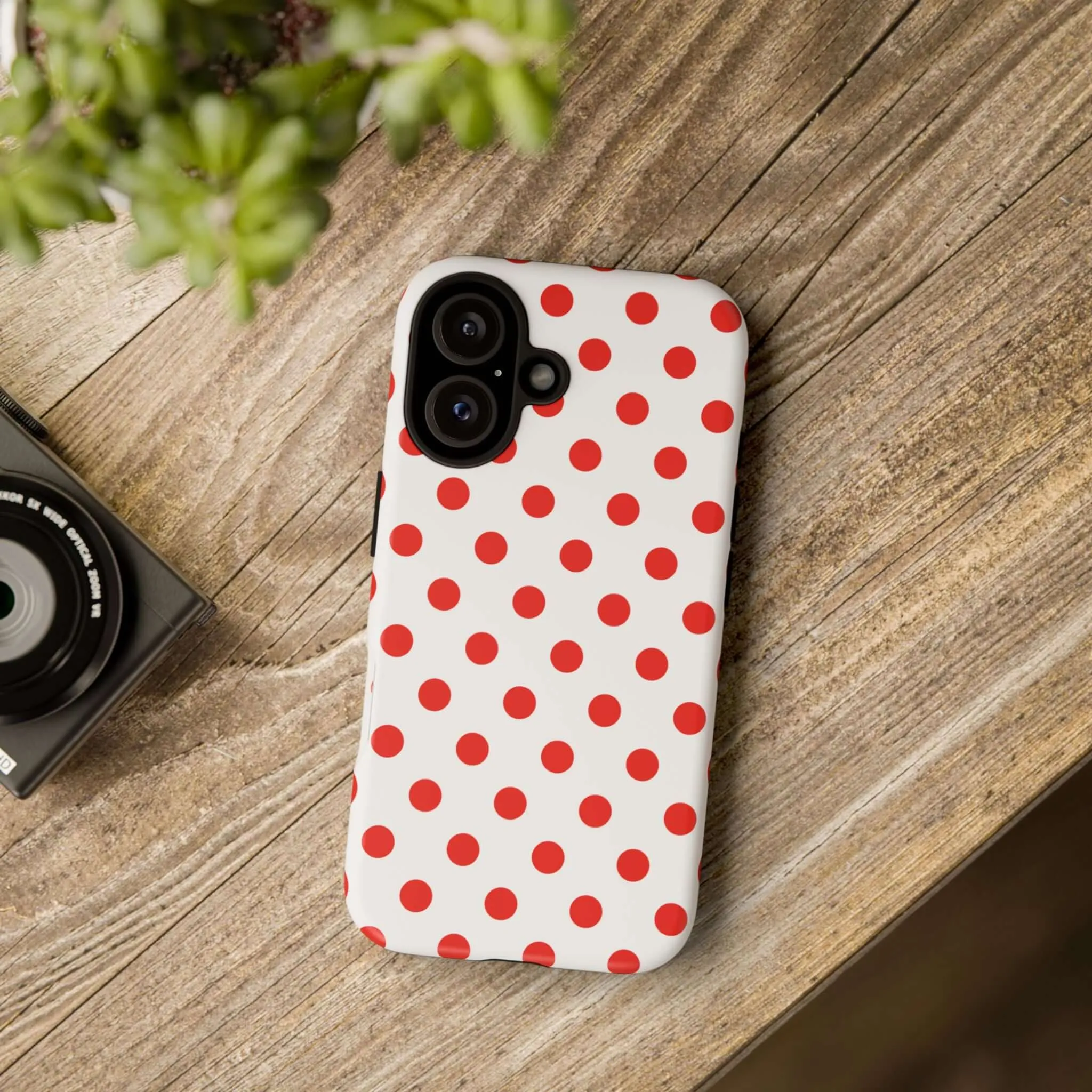 White & Bright Red Polka Dot Tough Phone Case for iPhone, Samsung, and Google Phones