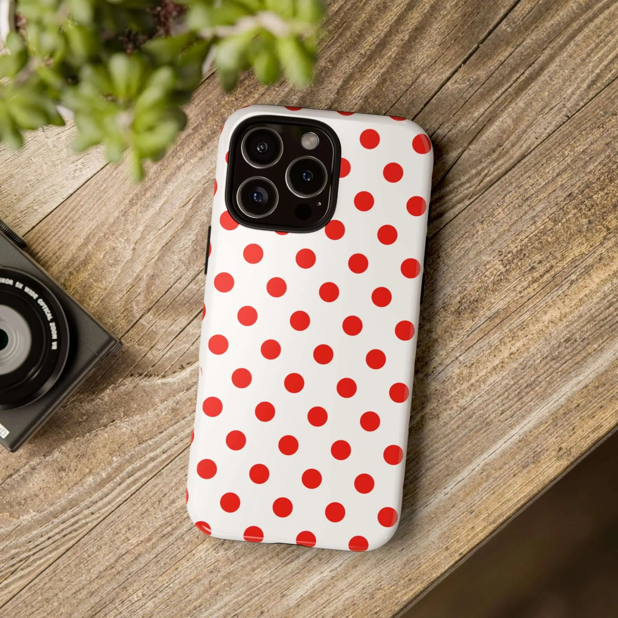 White & Bright Red Polka Dot Tough Phone Case for iPhone, Samsung, and Google Phones