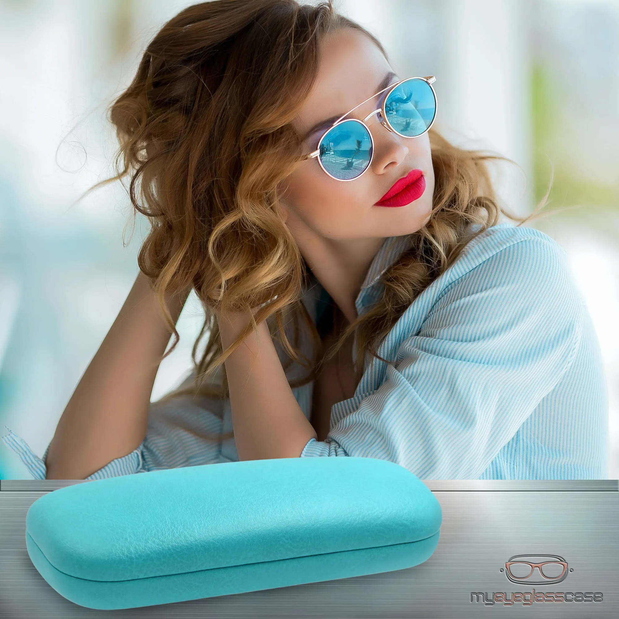 Women hard eyeglass case Medium size Frame - Glasses Holder Case w/Pouch & Cloth (AS126 Teal)