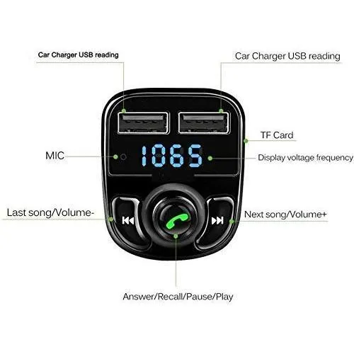 X8 Car Bluetooth FM Transmitter Kit with QC 3.0 Hands-Free Dual USB Rapid Fast Charger