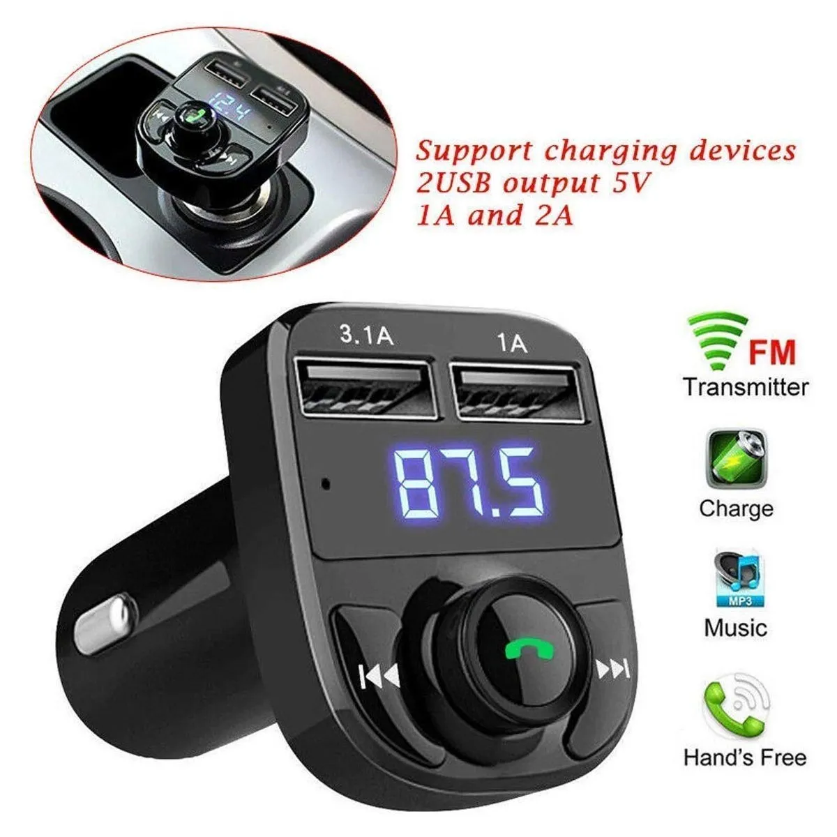 X8 Car Bluetooth FM Transmitter Kit with QC 3.0 Hands-Free Dual USB Rapid Fast Charger