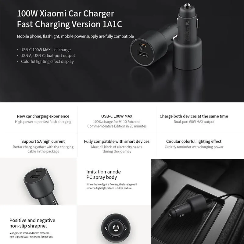 XiaoMi 1A1C QC 100W Car Charger