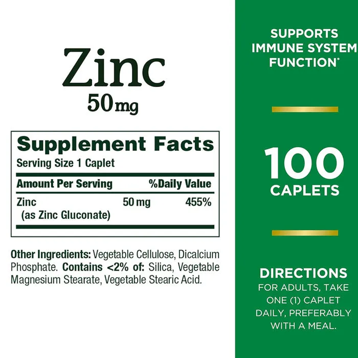 Zinc (Zinc Gluconate) 50 mg Caplets for Immune Health by Nature's Bounty 100 Count